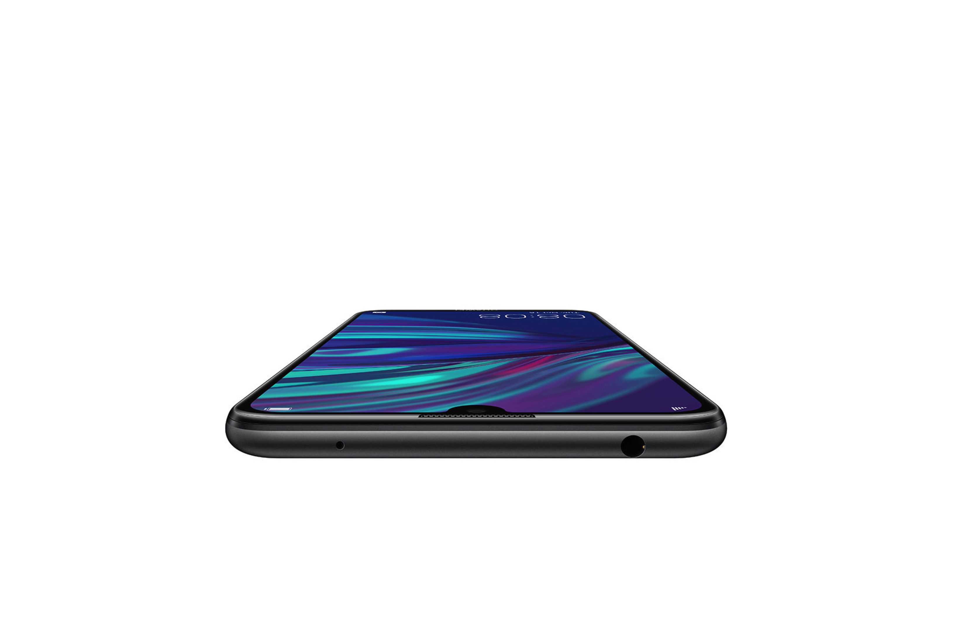 Un smartphone oscuro con fondo de pantalla vibrante sobre fondo blanco.