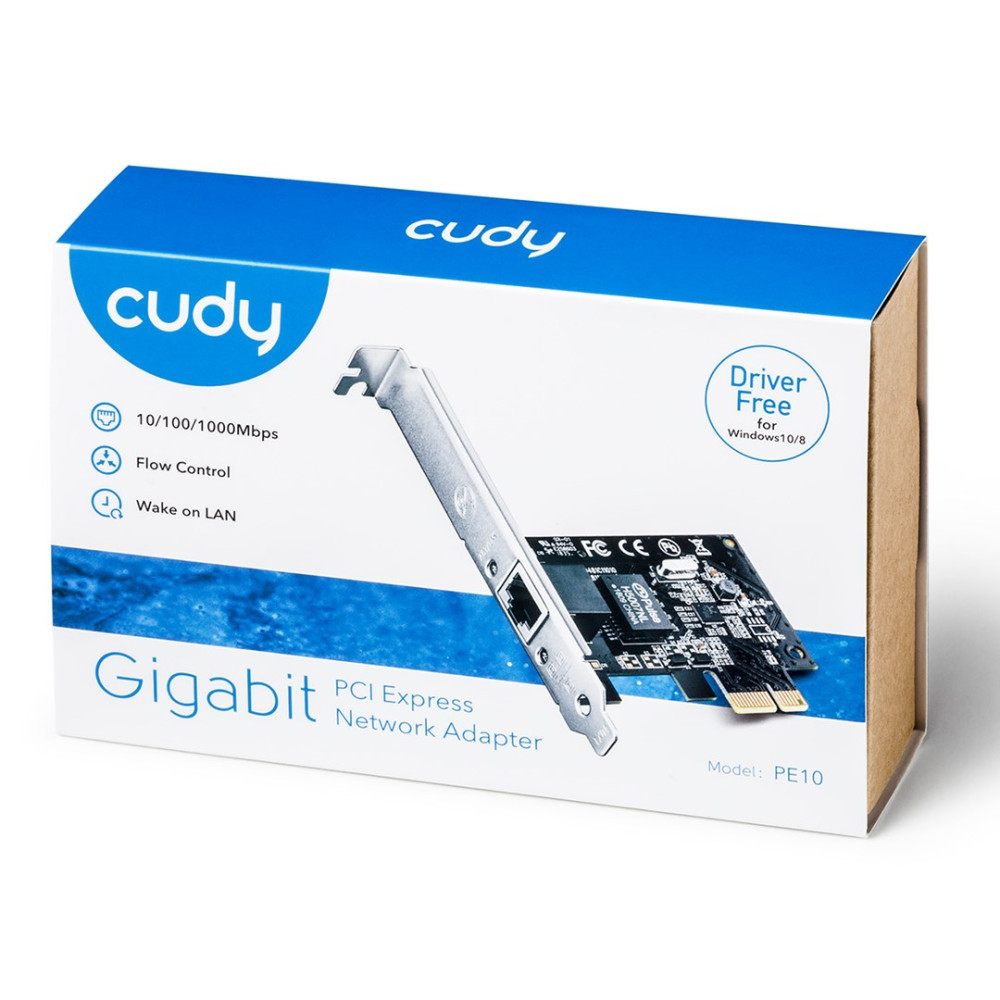 Pudełko karty sieciowej Cudy Gigabit PCI Express z obrazem produktu i specyfikacją.