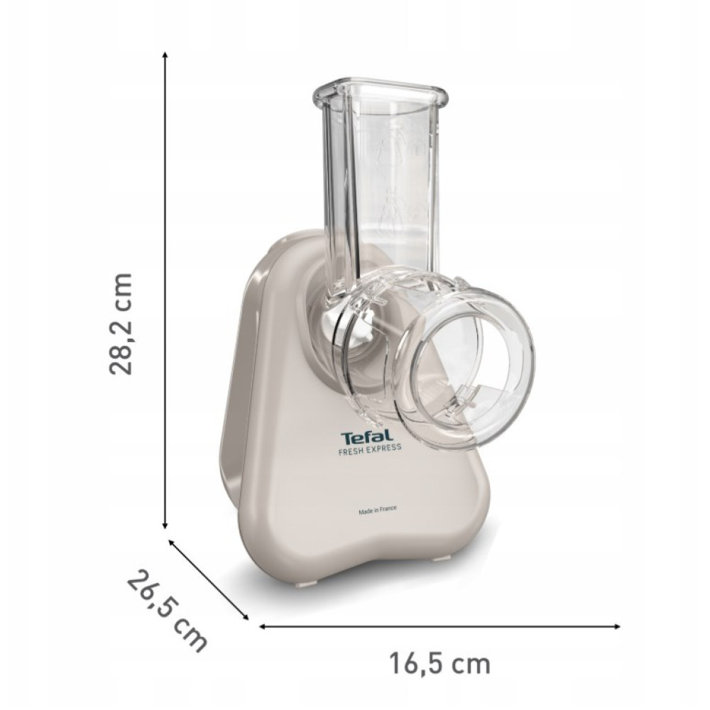 Beżowy Tefal Fresh Express z przezroczystą przystawką i wymiarami.