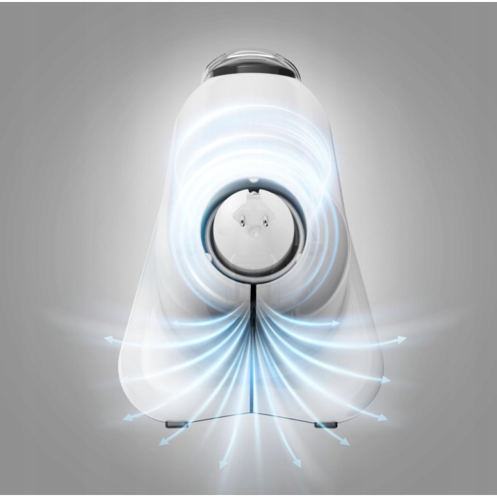 Białe urządzenie z niebieskimi strumieniami światła emanującymi w górę i na zewnątrz.