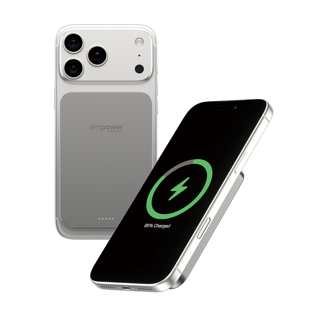 Een zilveren iPhone met 95% lading, met een andere iPhone erachter.