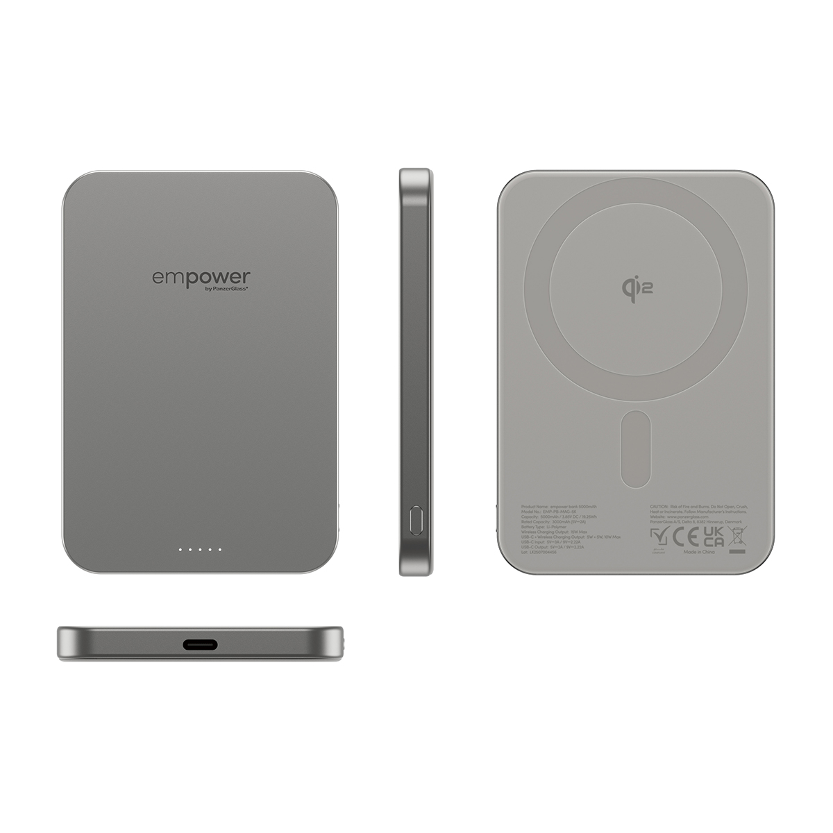 Grijze, rechthoekige powerbank set in drie weergaven: voor-, zij- en achterkant.