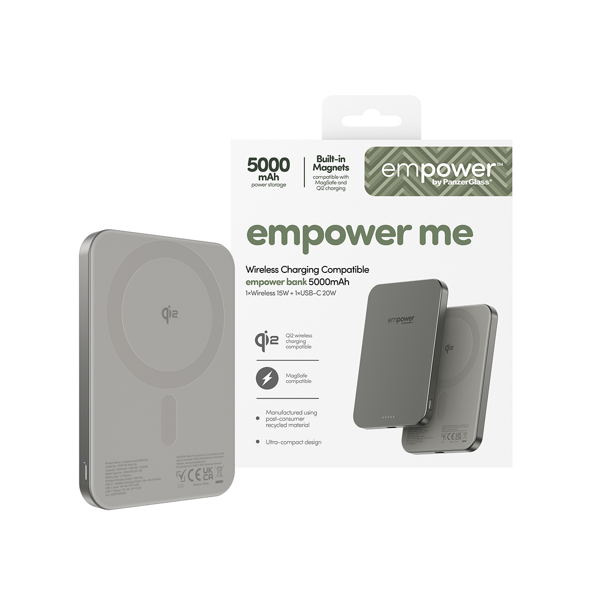 Grijze Qi2-compatibele powerbank van 5000 mAh, MagSafe-compatibel, op verpakking.