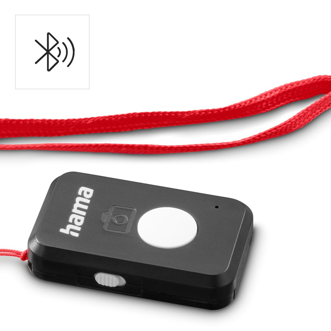 Czarny pilot Bluetooth z czerwonym sznurkiem i symbolem Bluetooth.