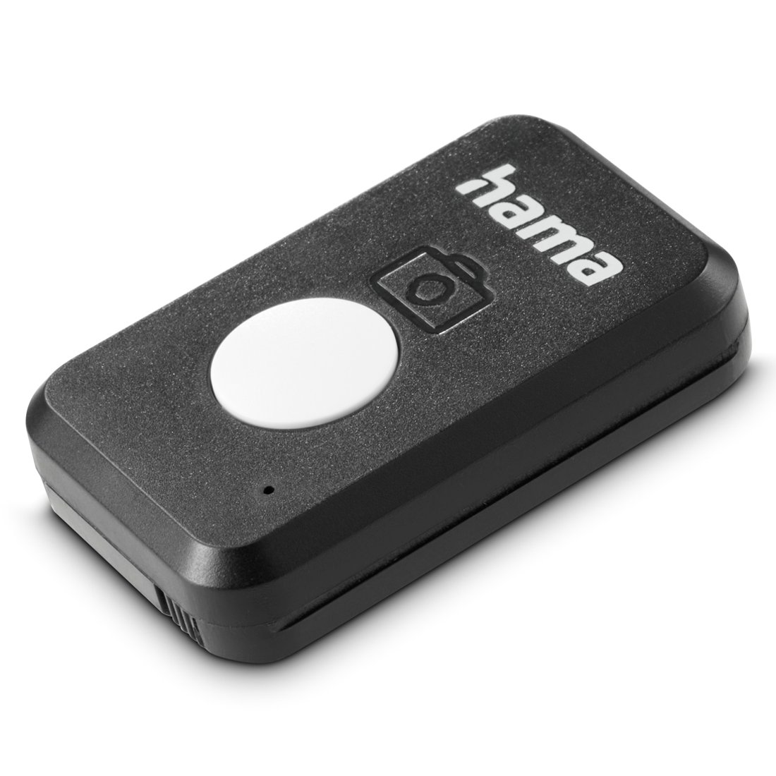 Czarny pilot Hama z białym przyciskiem i ikoną aparatu.