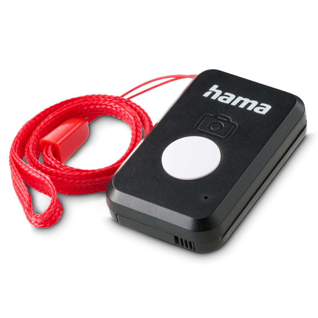 Czarny wyzwalacz Hama z czerwonym sznurkiem i białym przyciskiem.