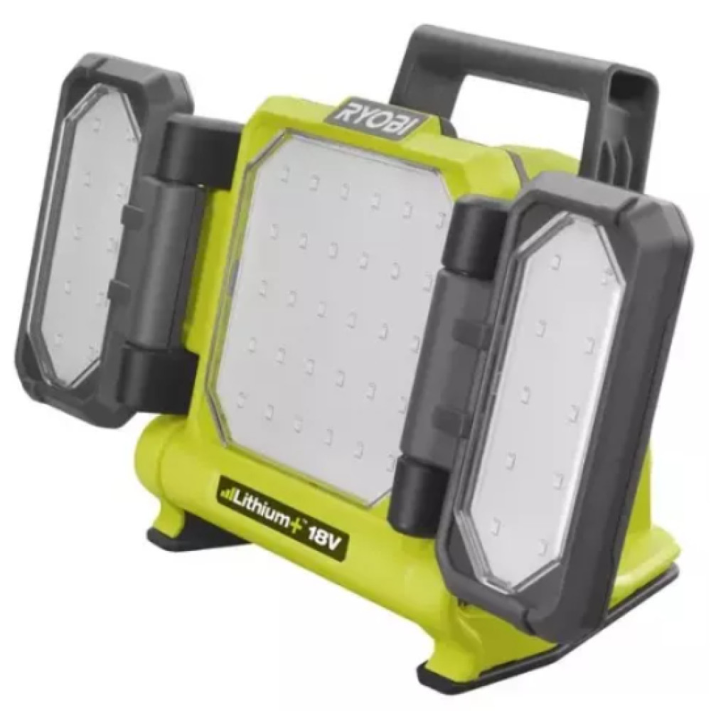 Ein tragbarer Ryobi 18V Lithium-Akku-Arbeitsstrahler mit drei Lichtern.