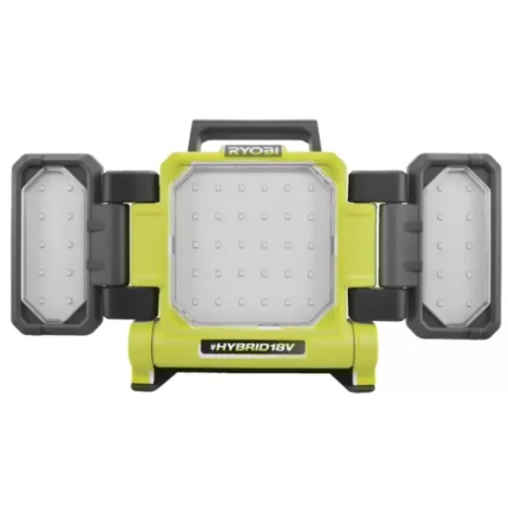 Ein gelber Ryobi Hybrid 18V LED-Arbeitsscheinwerfer mit zwei schwenkbaren Lichtern.