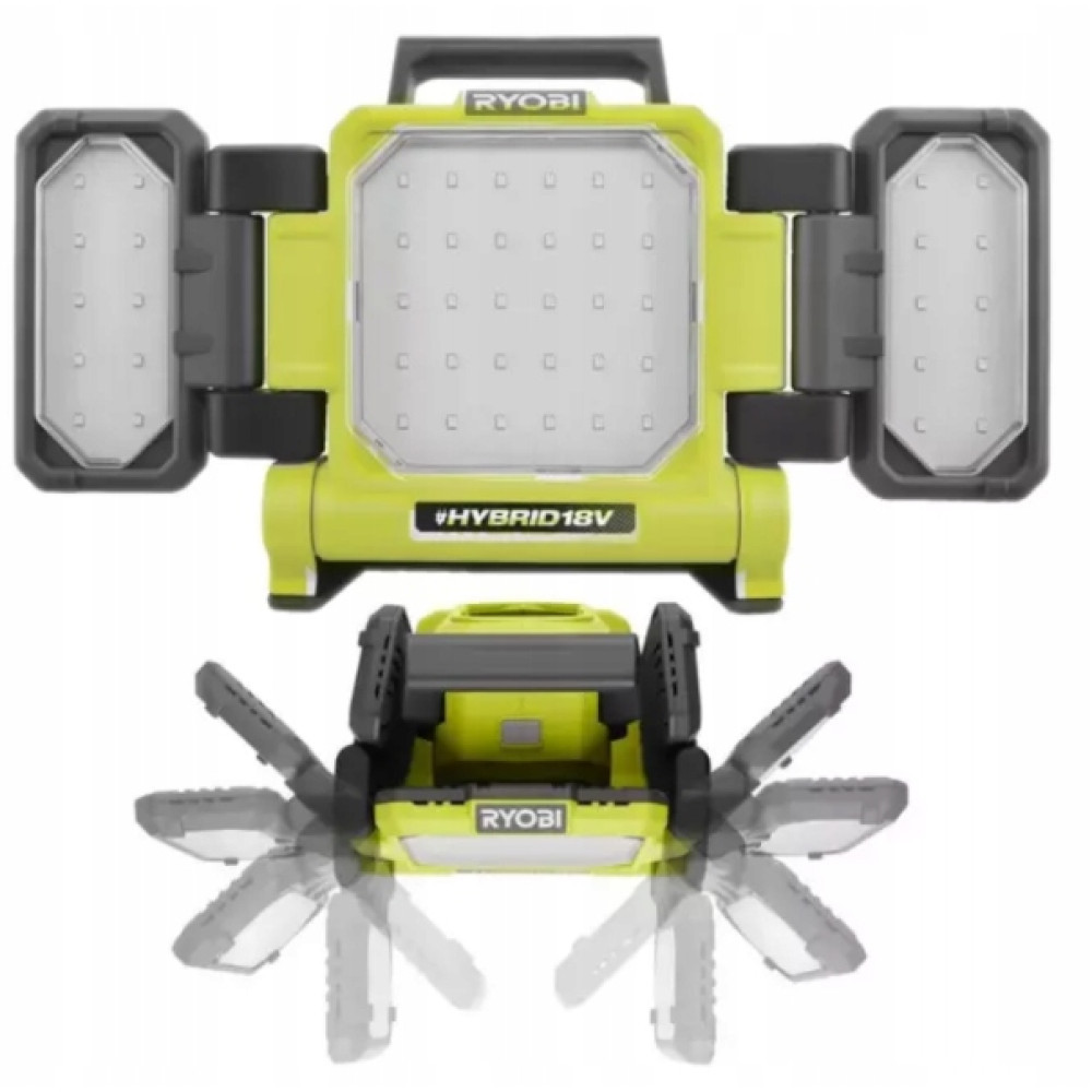 Ein grüner und schwarzer Ryobi Hybrid 18V Arbeitslicht mit verstellbaren Lichtern.