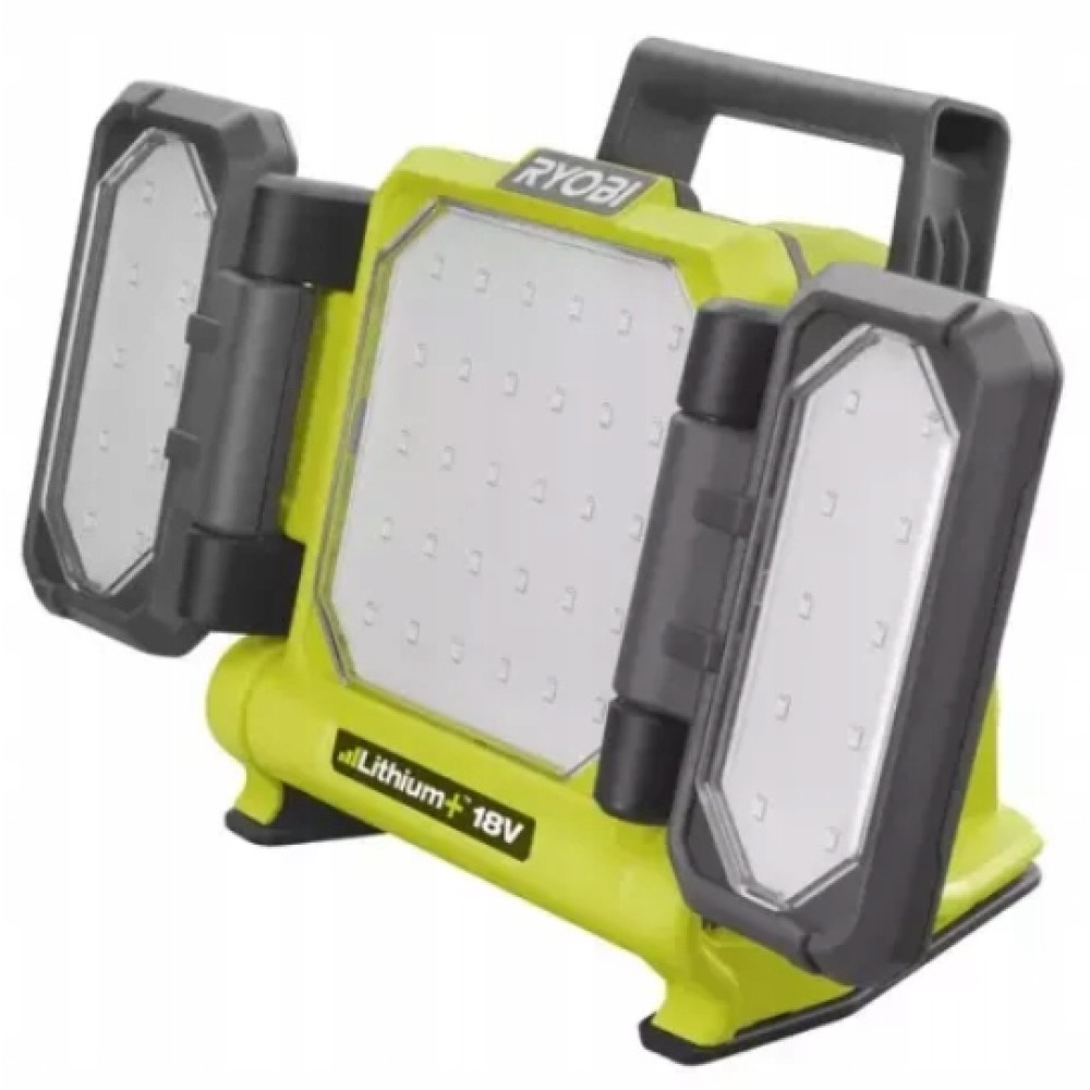 Grüne Ryobi Arbeitsleuchte mit 3 LED-Panels und Tragegriff. Steht auf schwarzen Füßen.