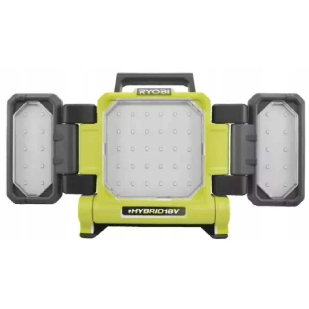 Ein grüner und schwarzer Ryobi Hybrid 18V LED-Strahler mit klappbaren Lichtern.