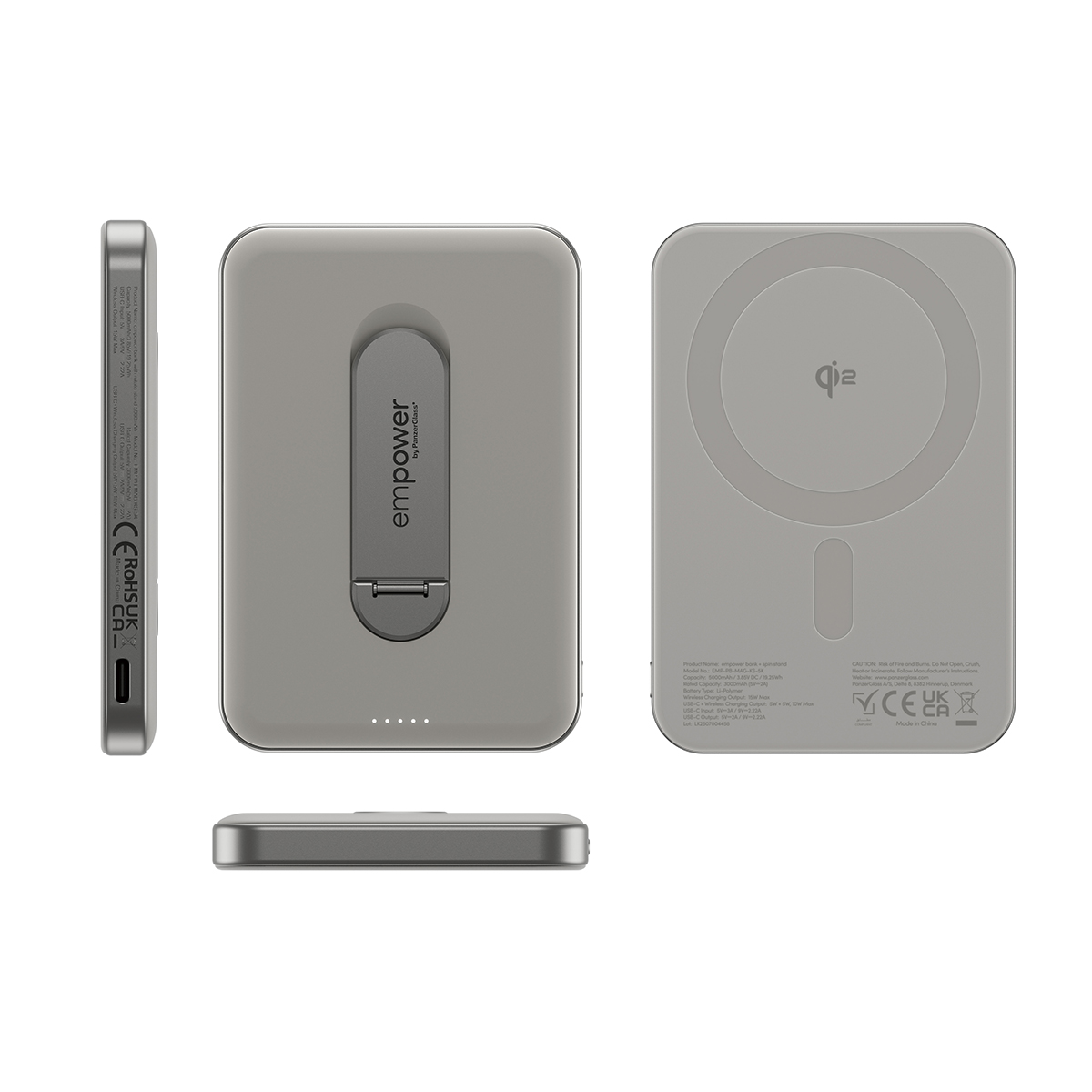 Grijze powerbank met Qi-oplaadfunctie en ingebouwde standaard.
