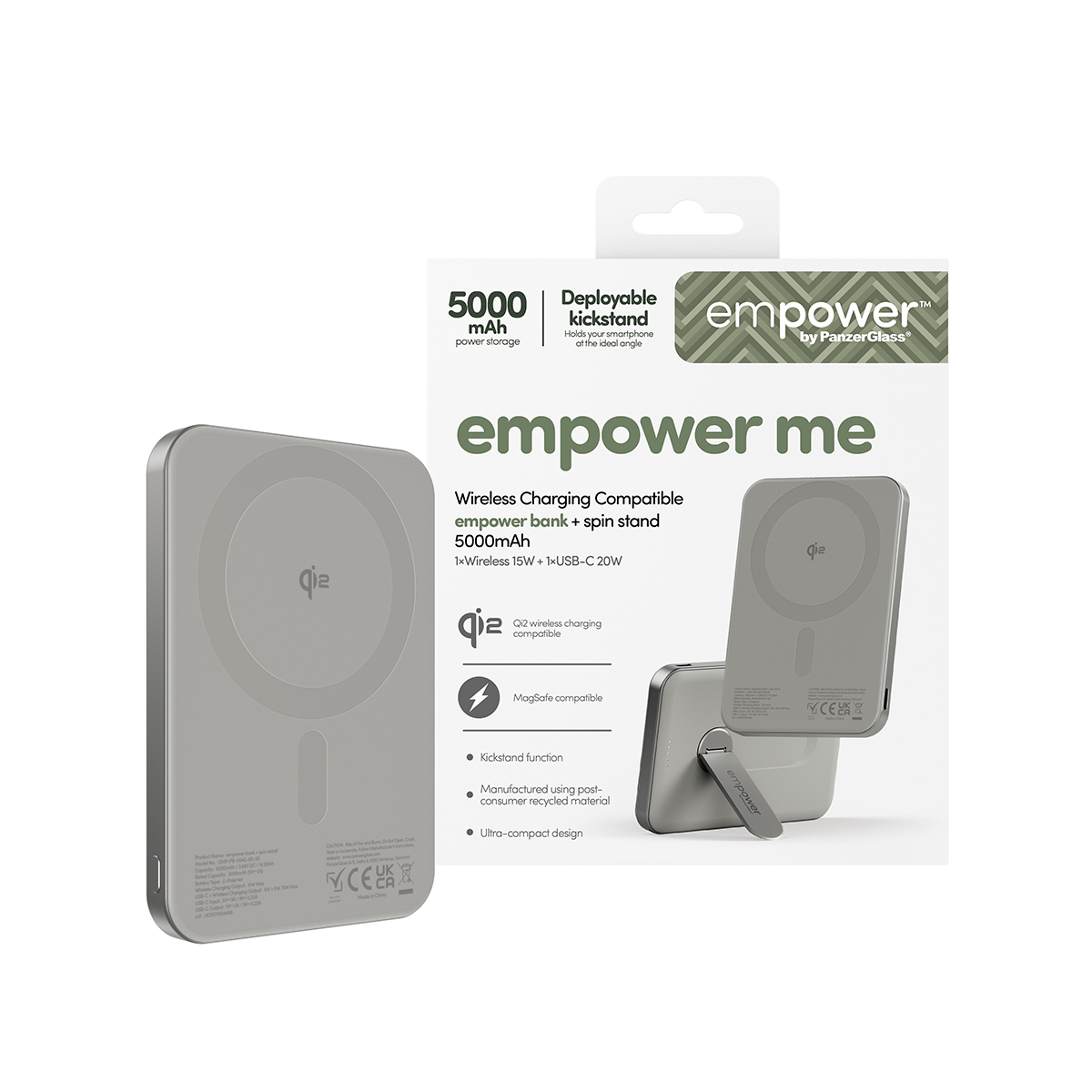 Grijze Qi2-compatibele powerbank van 5000 mAh met ingebouwde standaard en MagSafe.