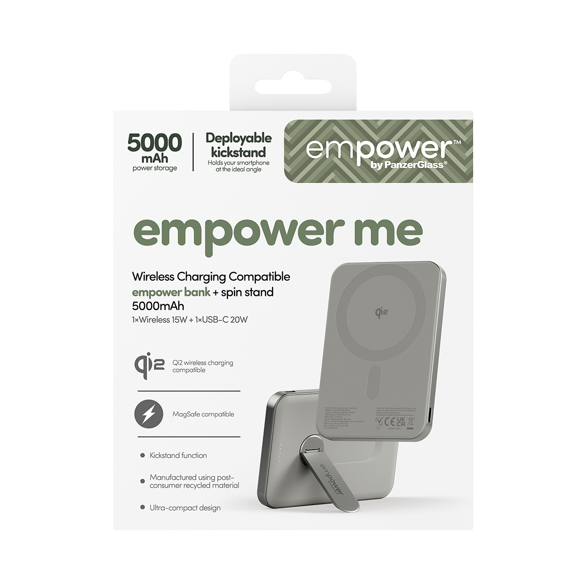 Een grijze draadloze oplader met standaard en 'empower me'-logo.