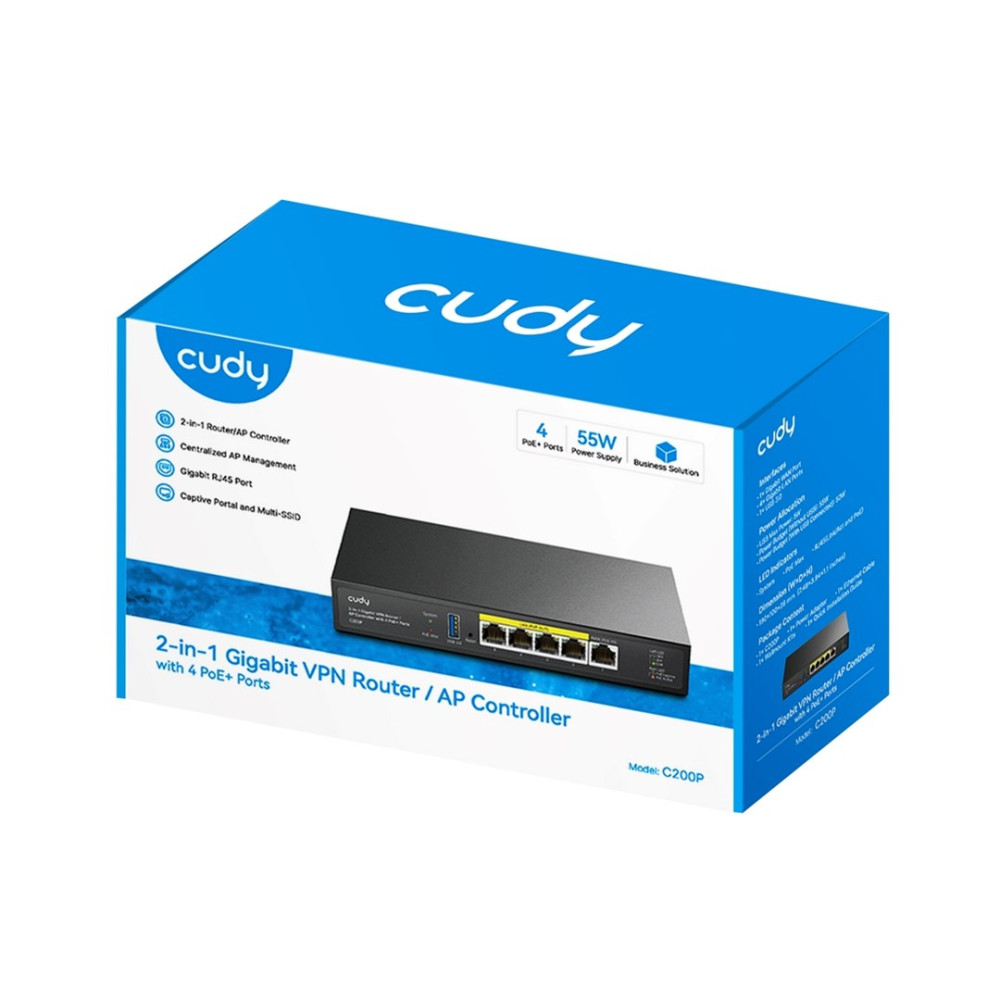 Czarny router/kontroler AP Cudy 2-w-1 Gigabit VPN z 4 portami PoE+, wyświetlany na niebiesko-białym pudełku produktu.