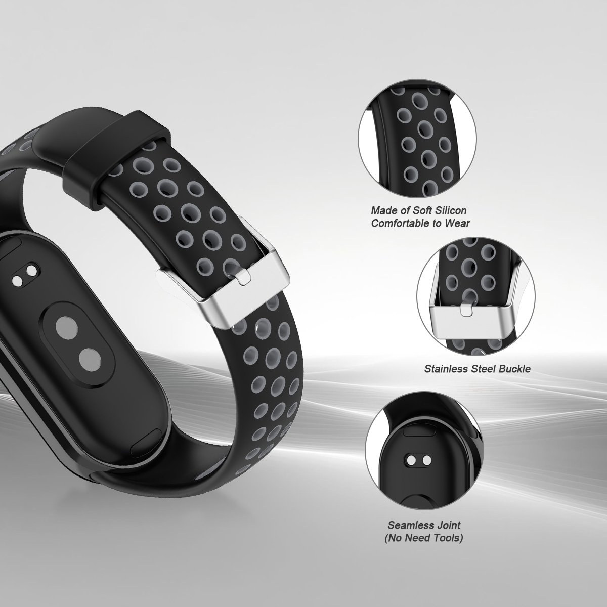 Schwarzes Armband mit silberner Schnalle und kreisförmigen Perforationen.
