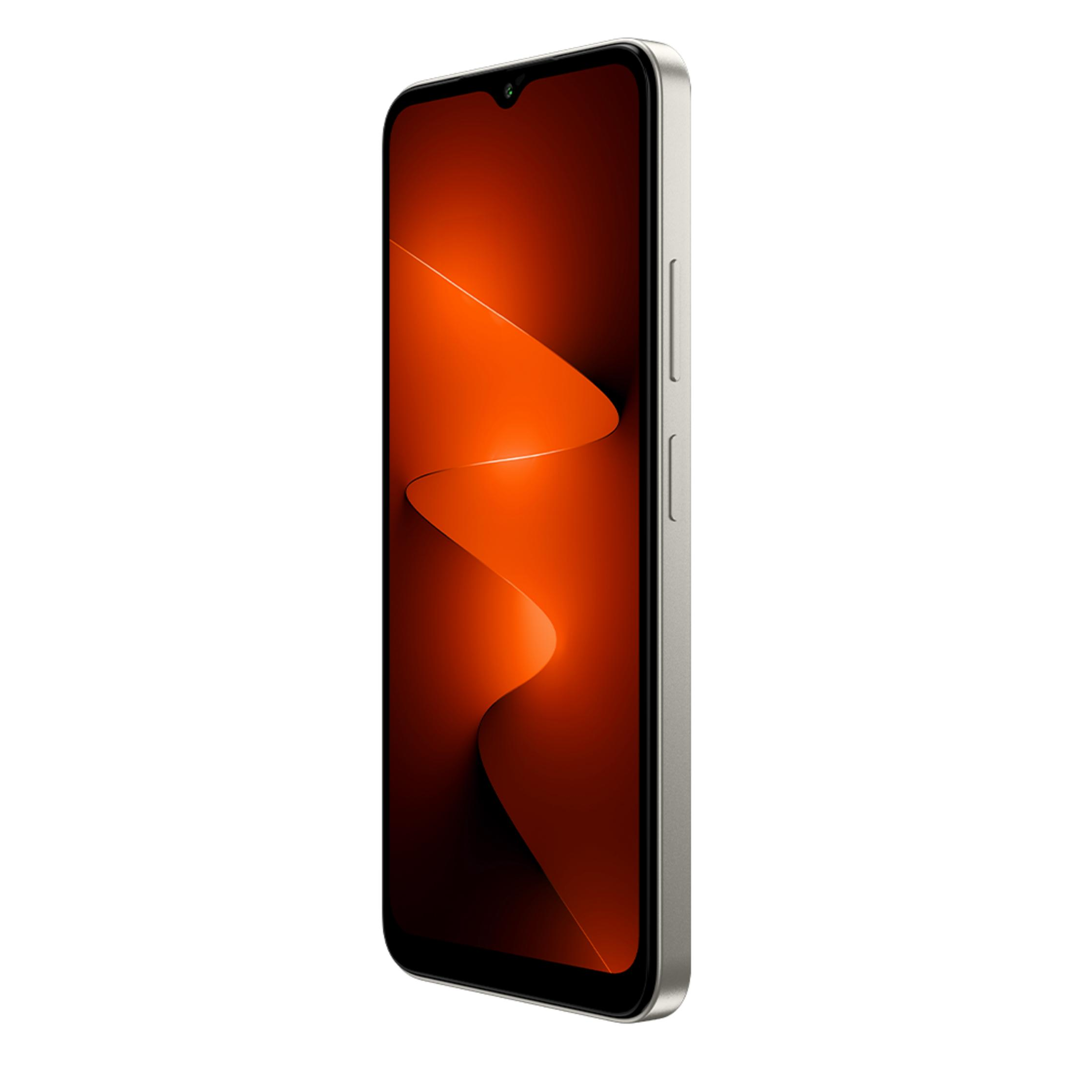 Gümüş renkli akıllı telefon, turuncu, dalgalı arka plan desenine sahip.