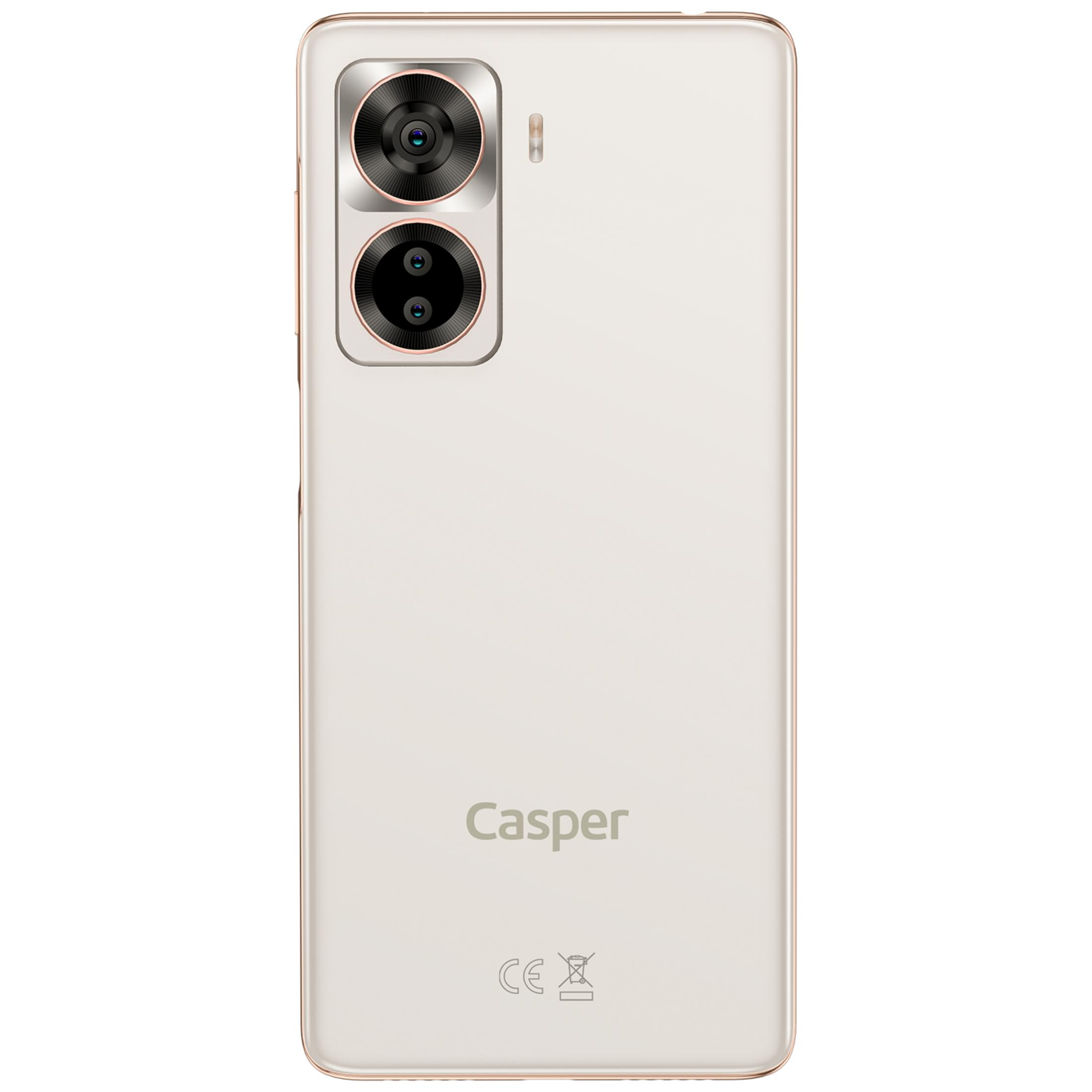 Çift kameralı beyaz akıllı telefonun arkası ve Casper logosu.