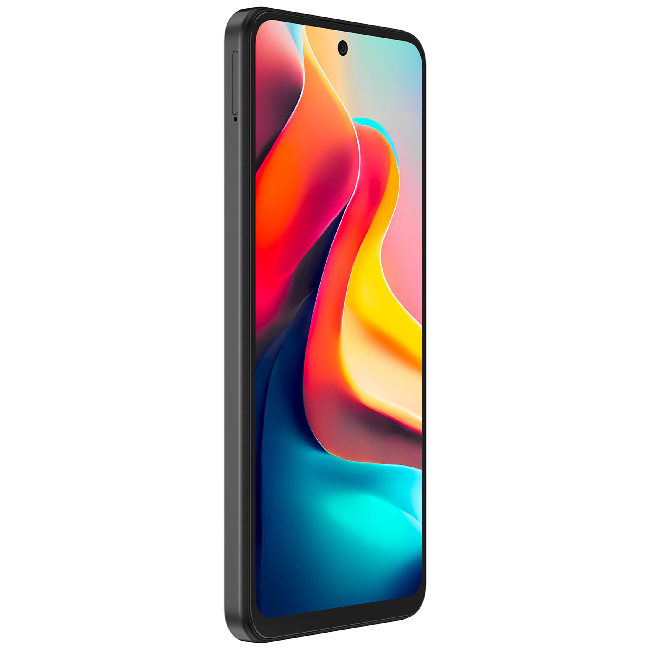 Ekranında canlı, soyut duvar kağıdı bulunan siyah bir akıllı telefon.