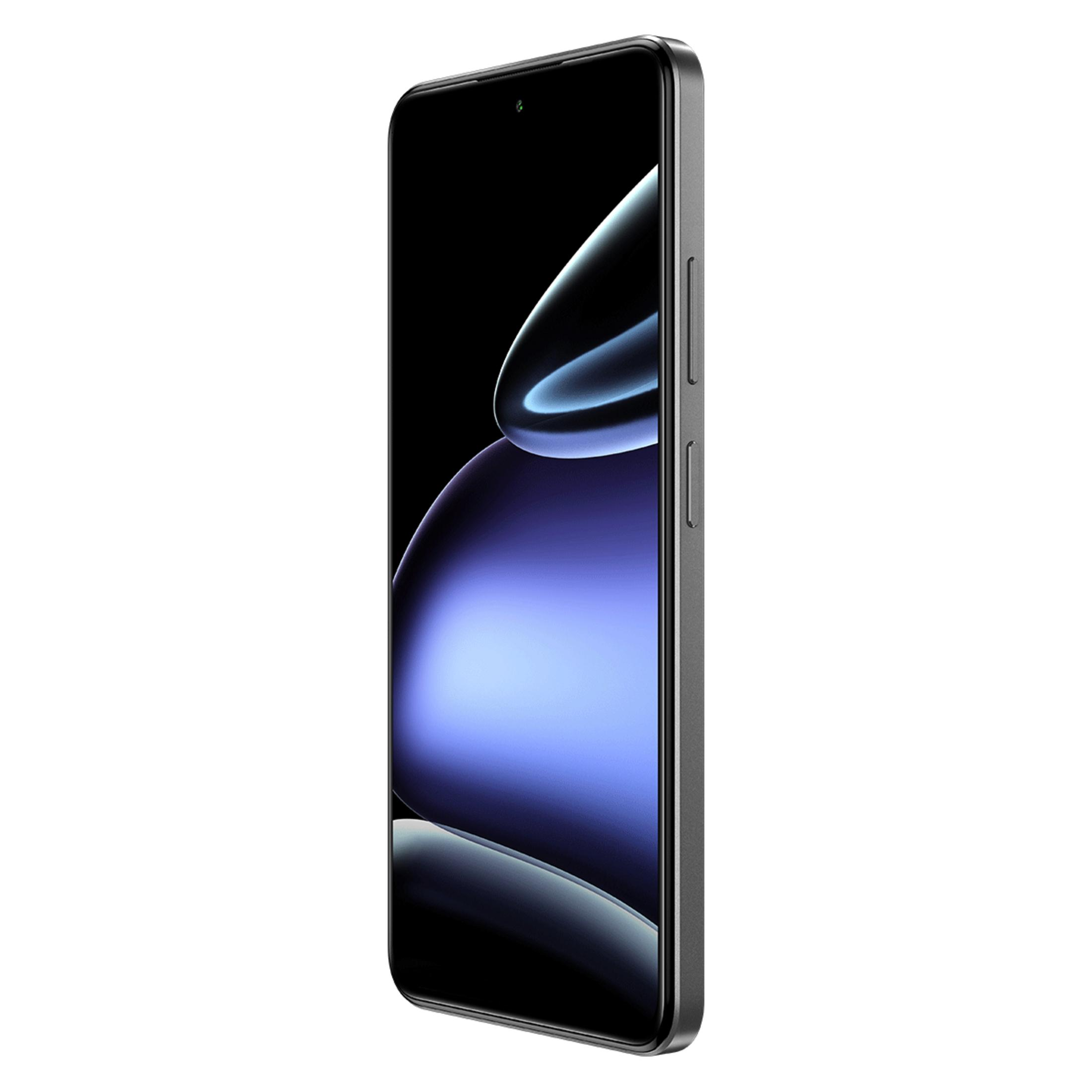 Ekranında soyut mavi grafik bulunan gri akıllı telefon, beyaz arka plan.