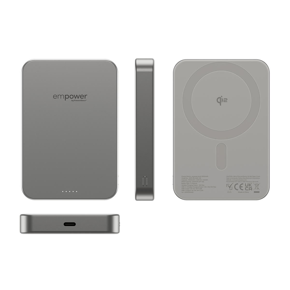 Qi logosu ve USB-C bağlantı noktasına sahip gri powerbank, ön, yan ve alt görünümleriyle.