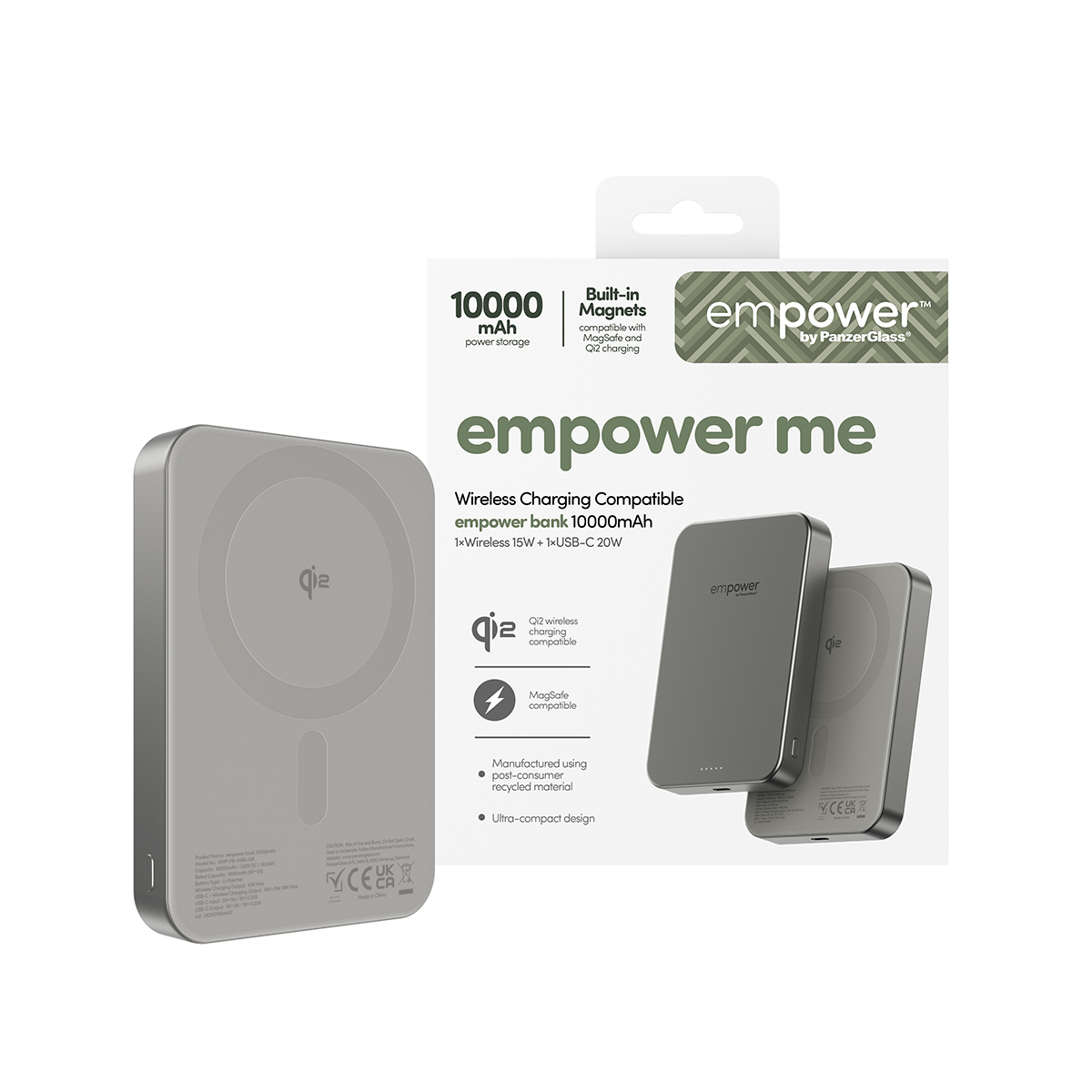 Gri Qi2 MagSafe powerbank, 10000mAh kapasiteli ve USB-C'li.