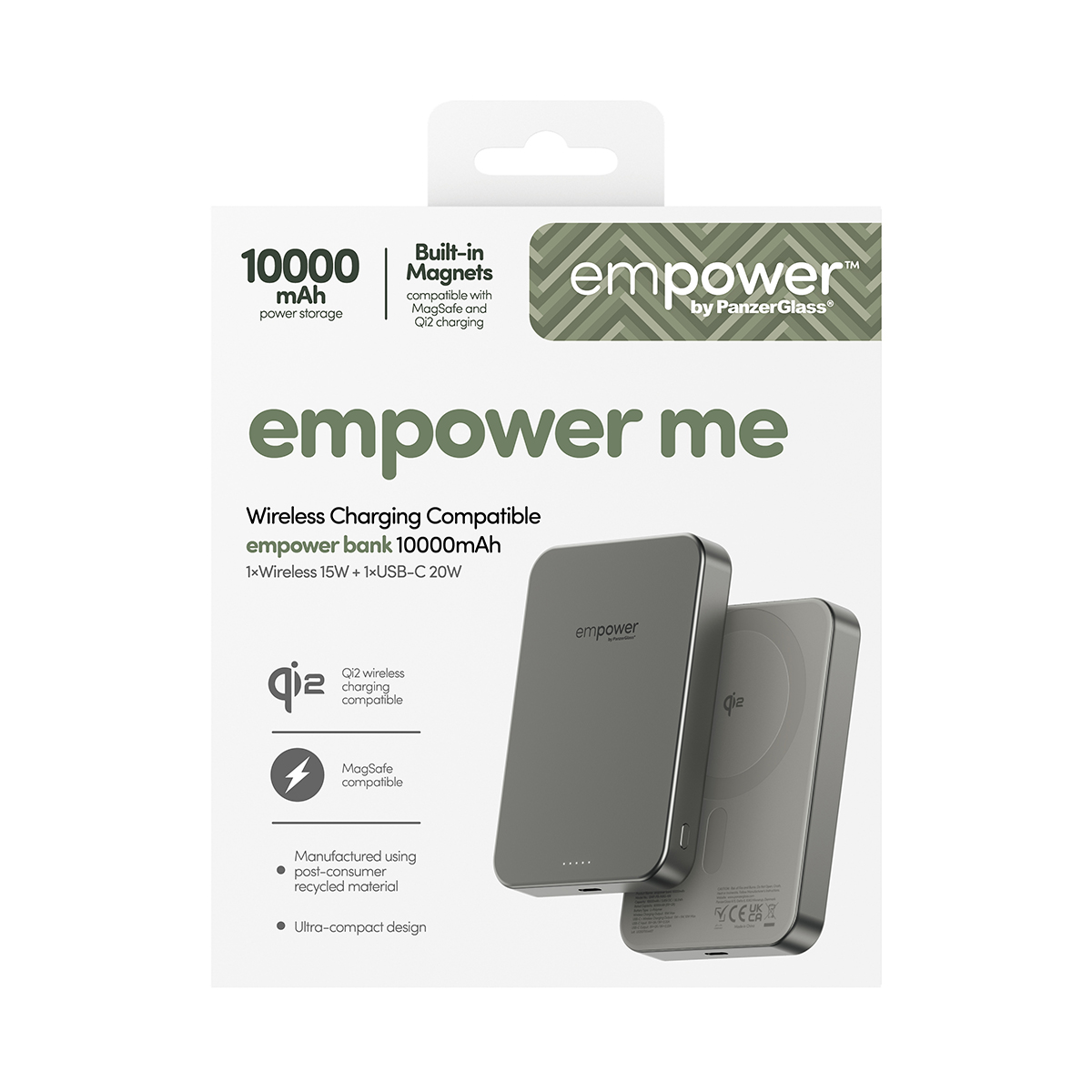 Gri 10000mAh powerbank, Qi2/MagSafe uyumlu, USB-C'li.