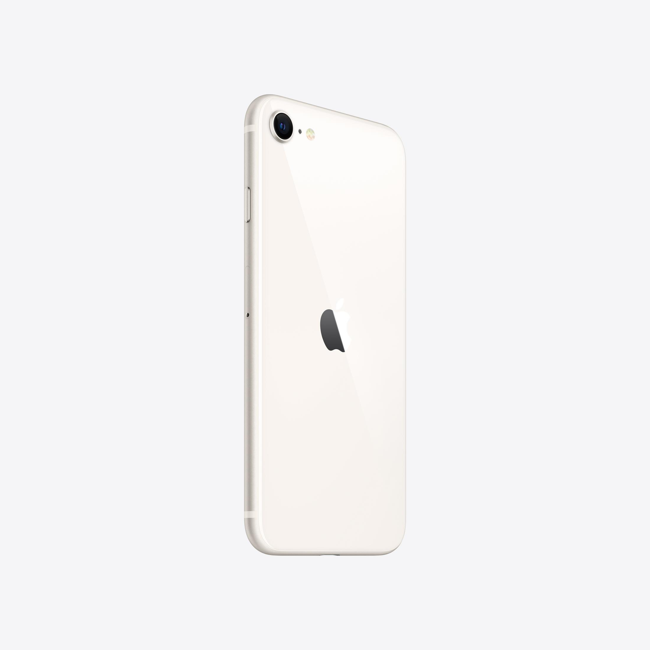 Ein weißes iPhone SE mit dem Apple-Logo auf der Rückseite.