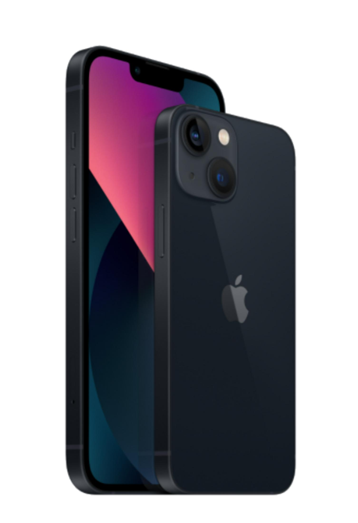 Ciemnoniebieski iPhone z dwoma aparatami i logo Apple.