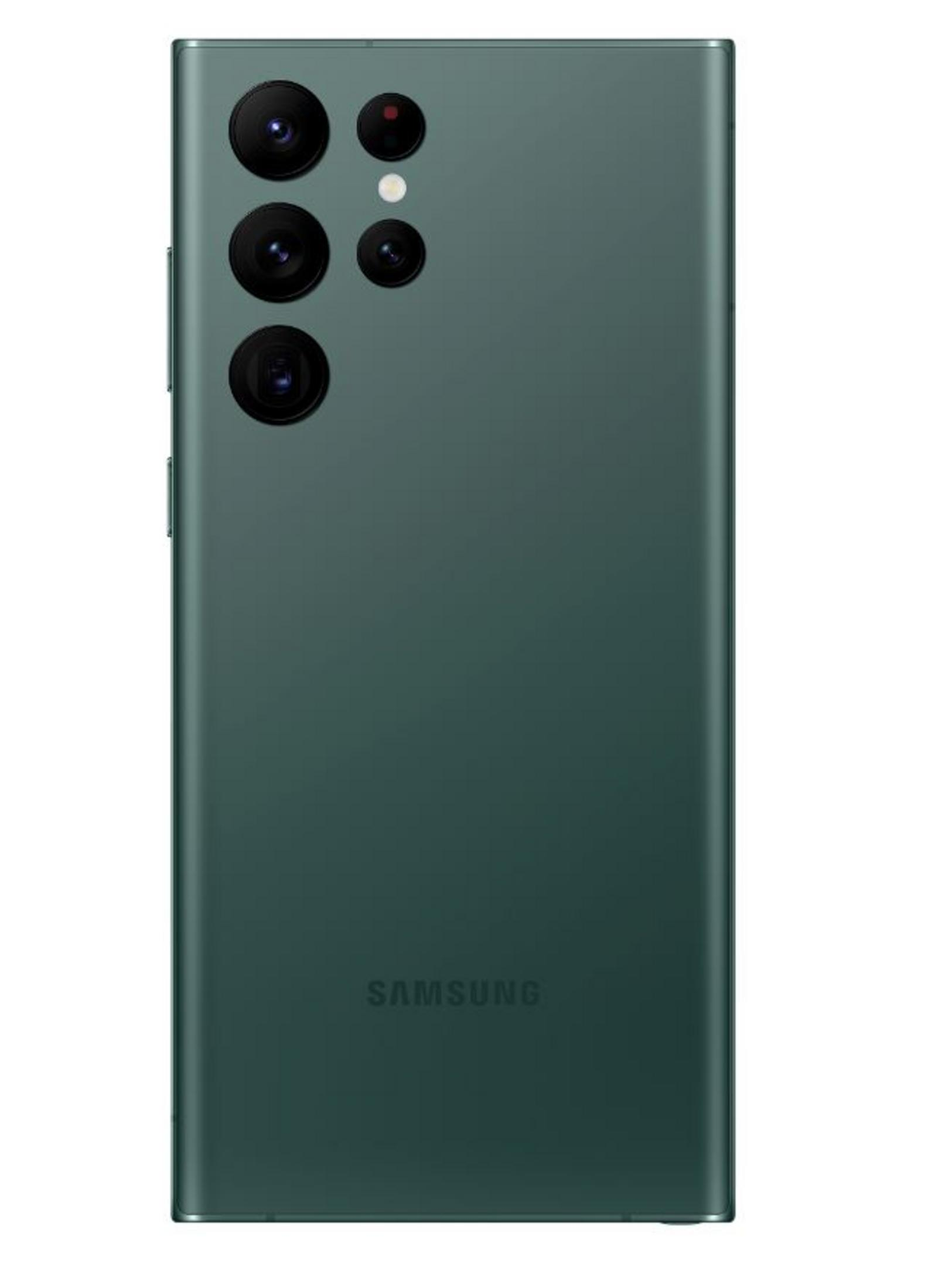 Sol üstte dört kamerası bulunan koyu yeşil Samsung akıllı telefon.