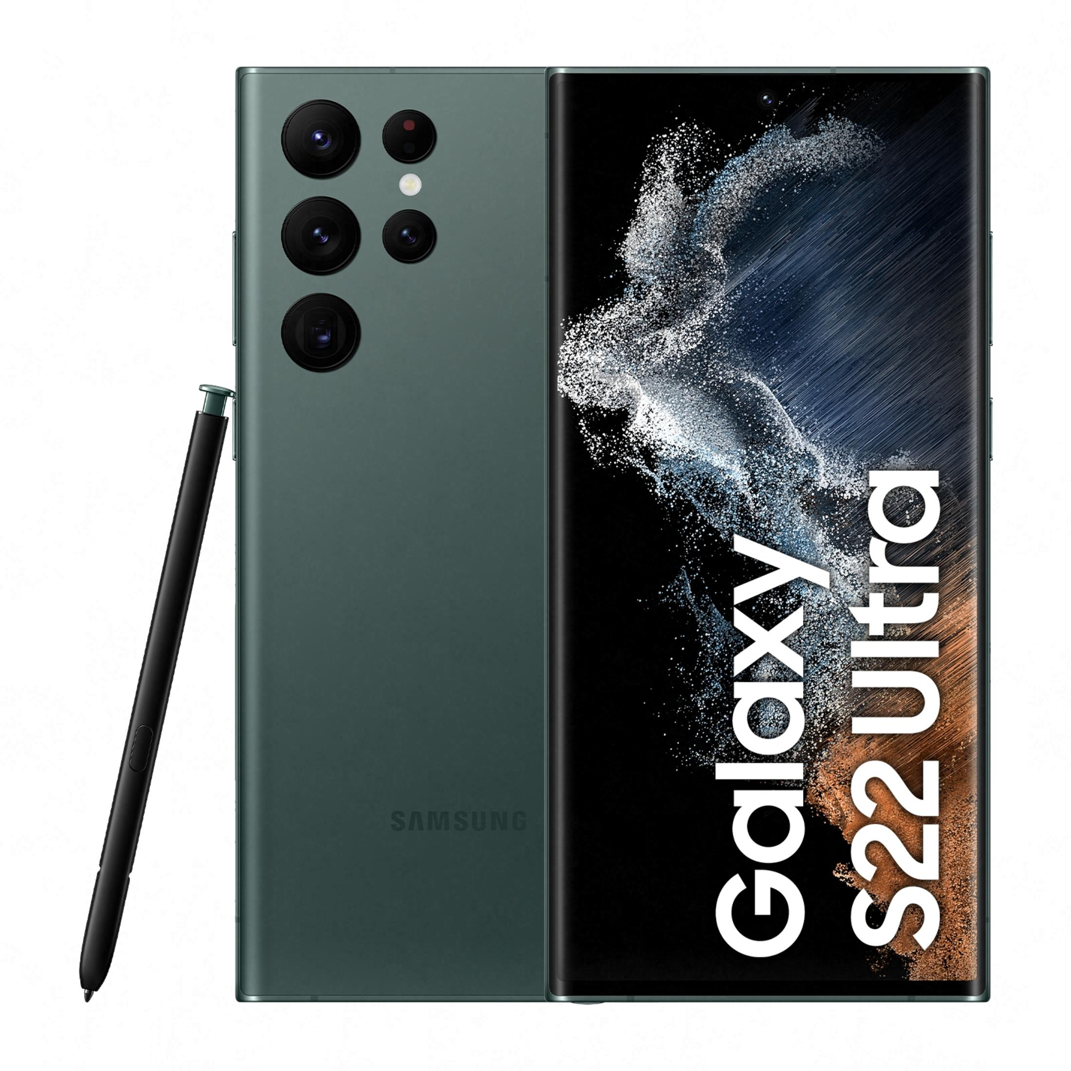 Koyu yeşil Samsung Galaxy S22 Ultra, kalemli, dört kameralı.