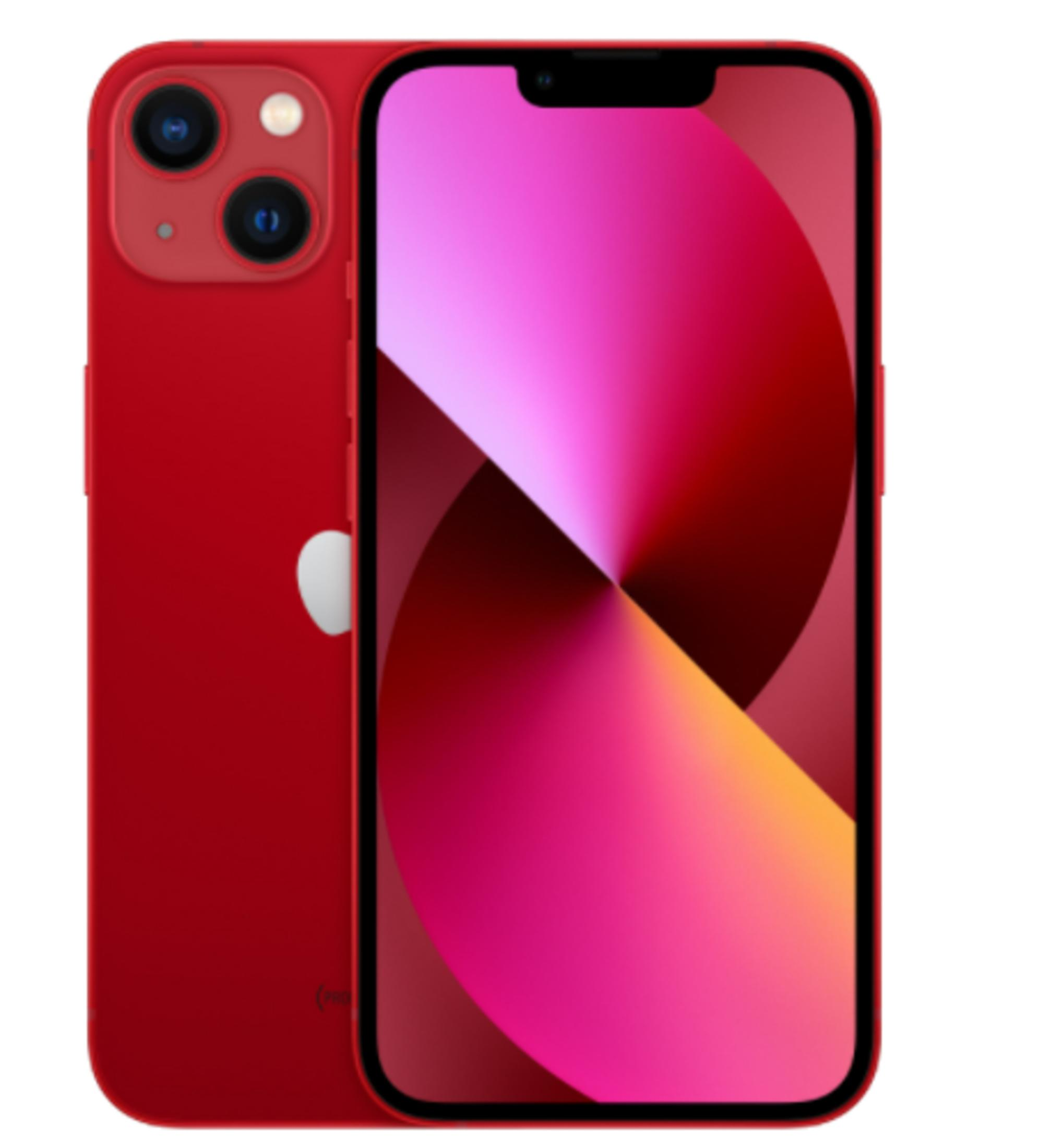 Czerwony iPhone z podwójnym aparatem z tyłu i kolorowym ekranem.