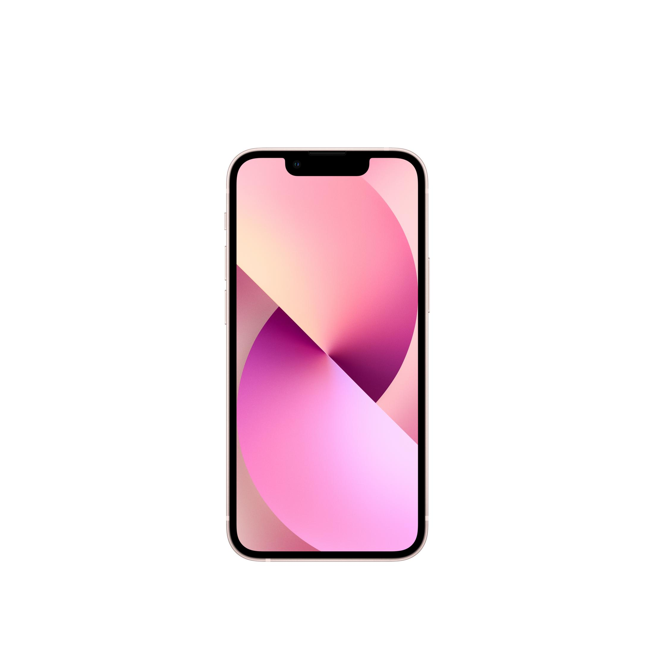 Jasnoróżowy iPhone z abstrakcyjnym, wielokolorowym tłem.
