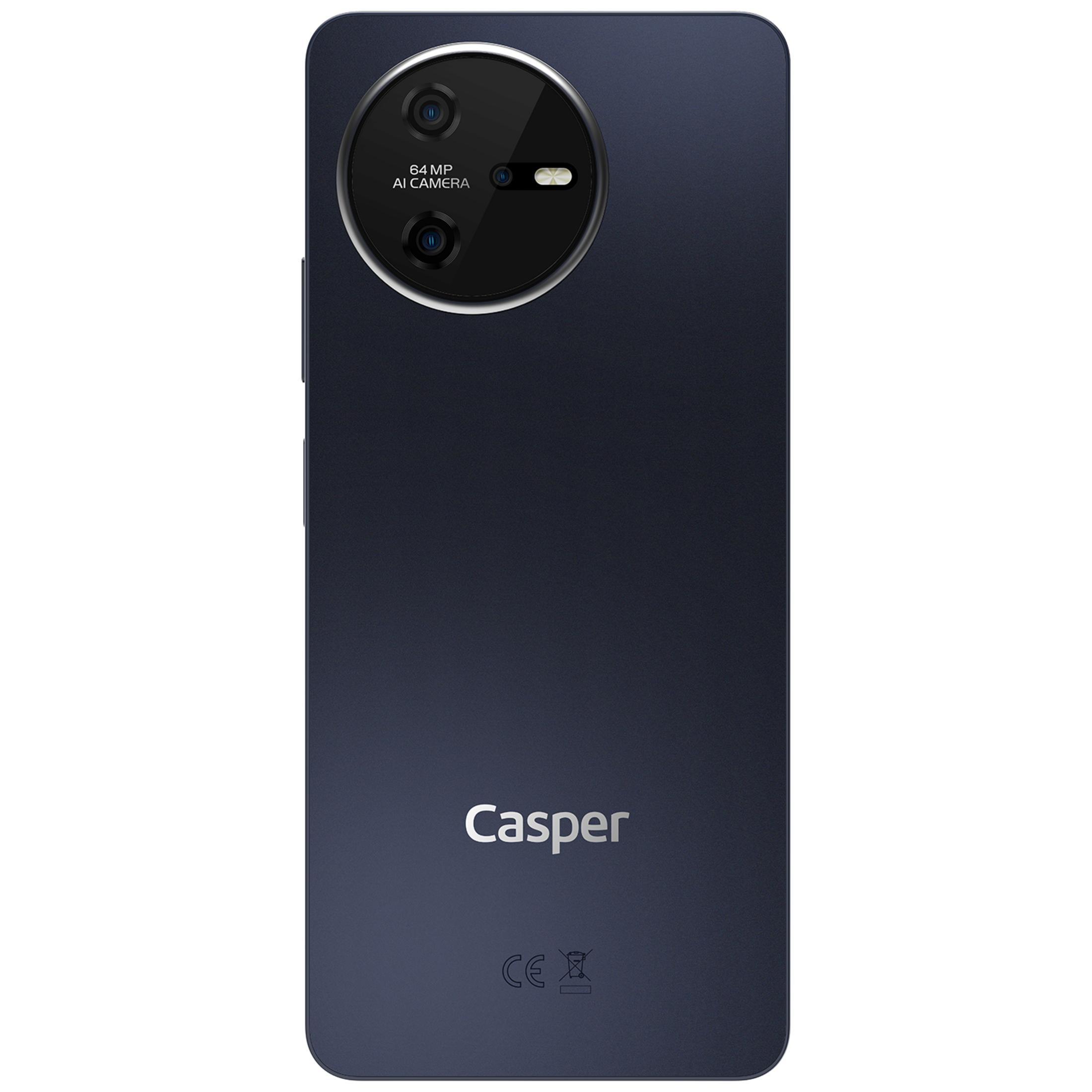 Lacivert Casper akıllı telefonun arkası, iki lensli ve flaşlı dairesel bir kamera modülü ve alt kısmında marka adı bulunuyor.