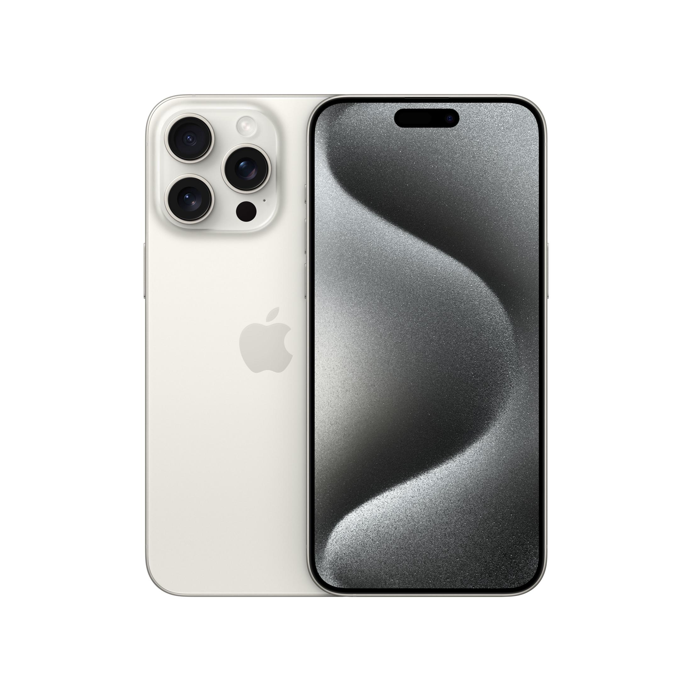 Biały iPhone z trzema aparatami i srebrnym logo Apple.