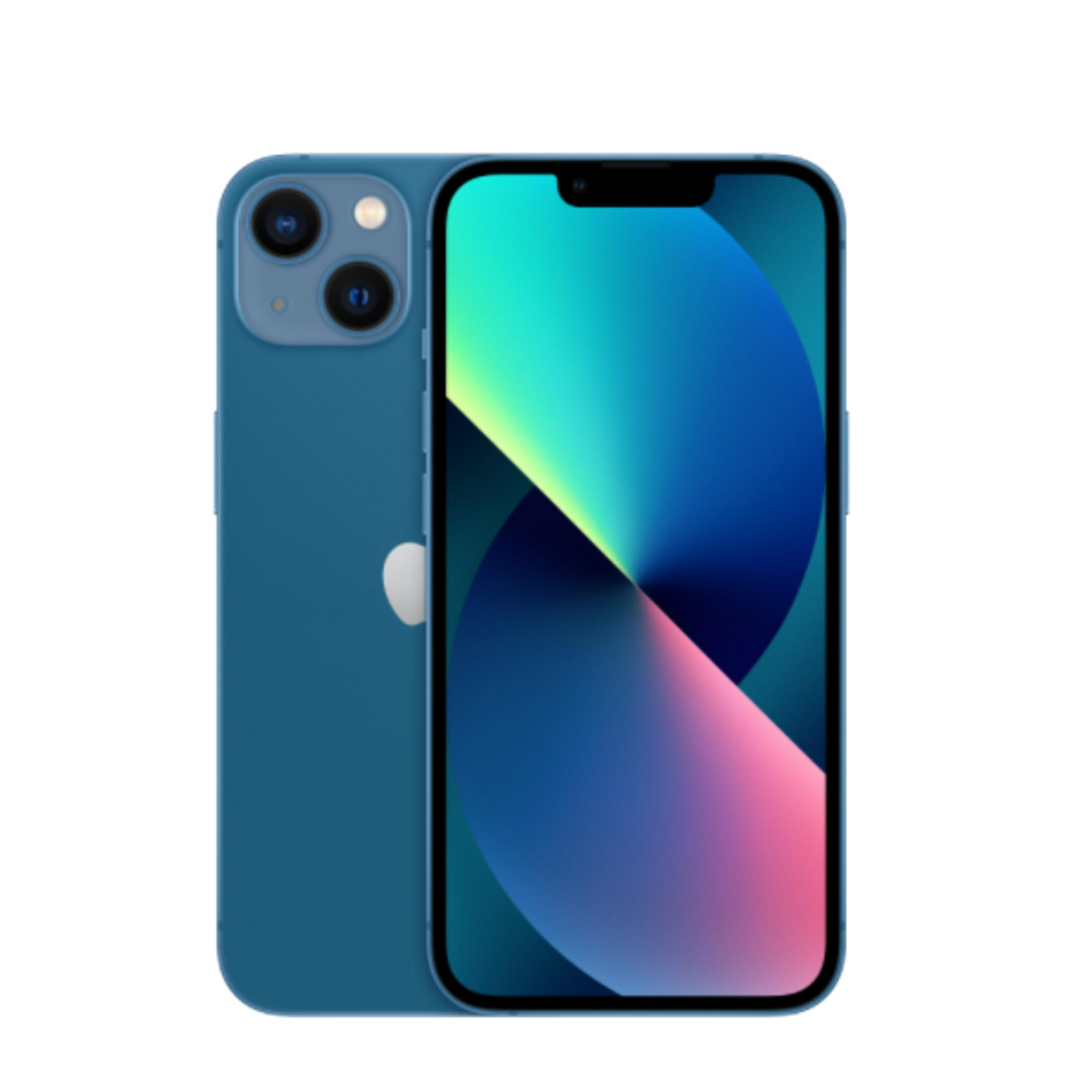 Niebieski iPhone 13 z podwójnym aparatem z tyłu i logo Apple.