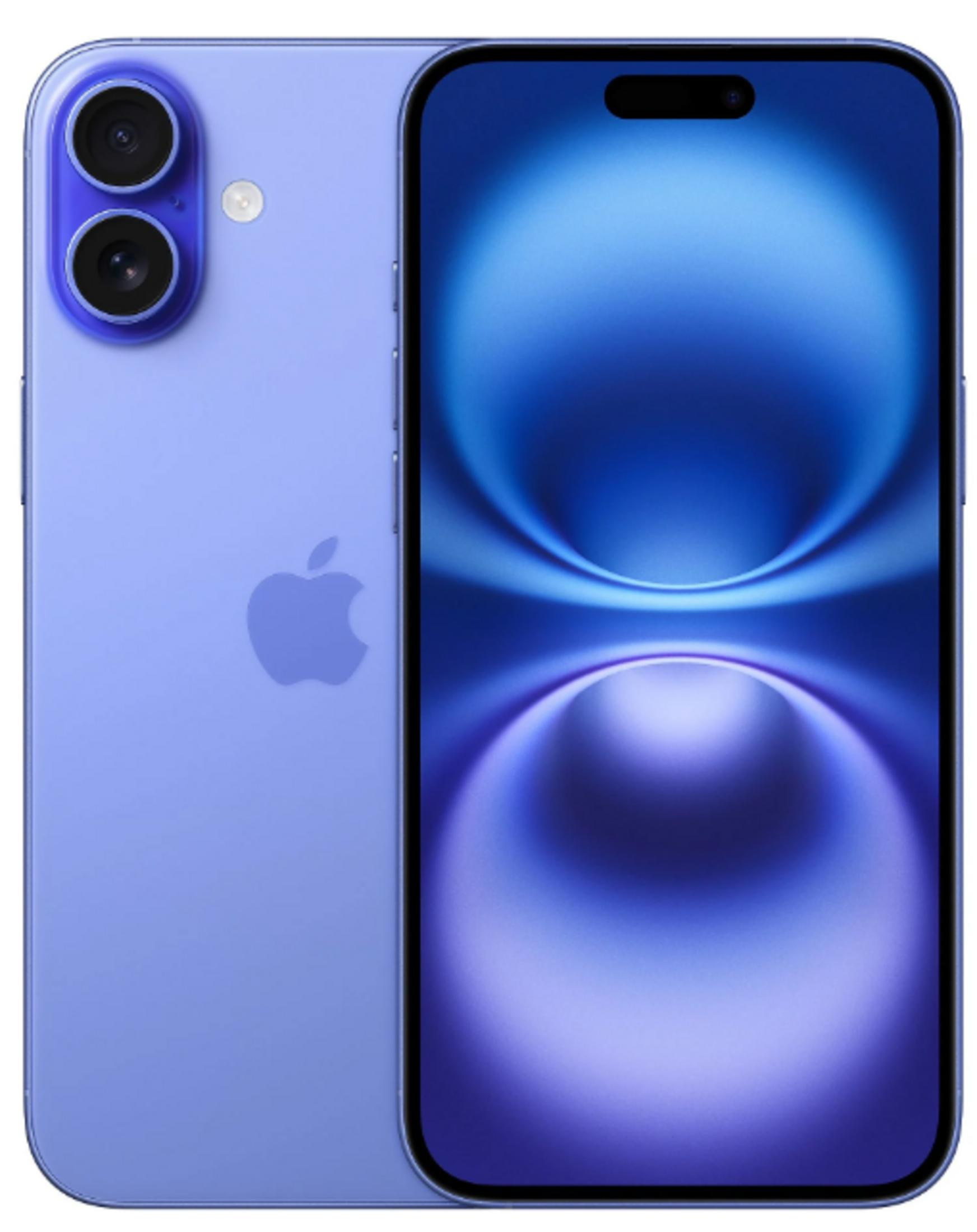 Liliowe iPhone z dwoma tylnymi aparatami i niebieską tapetą na ekranie.