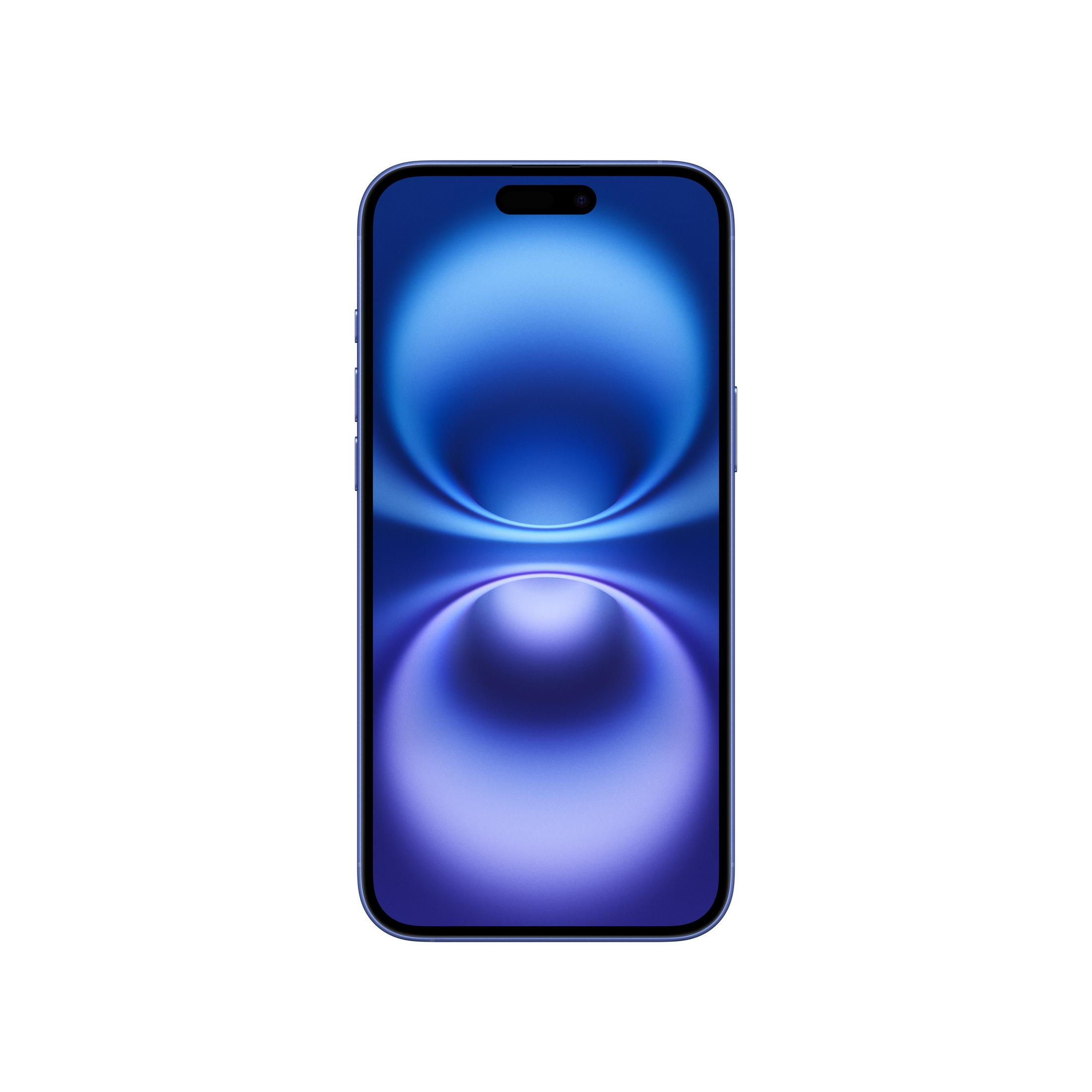 Niebieski smartfon z dynamiczną wyspą i niebiesko-fioletową abstrakcyjną tapetą, wyśrodkowany na białym tle.