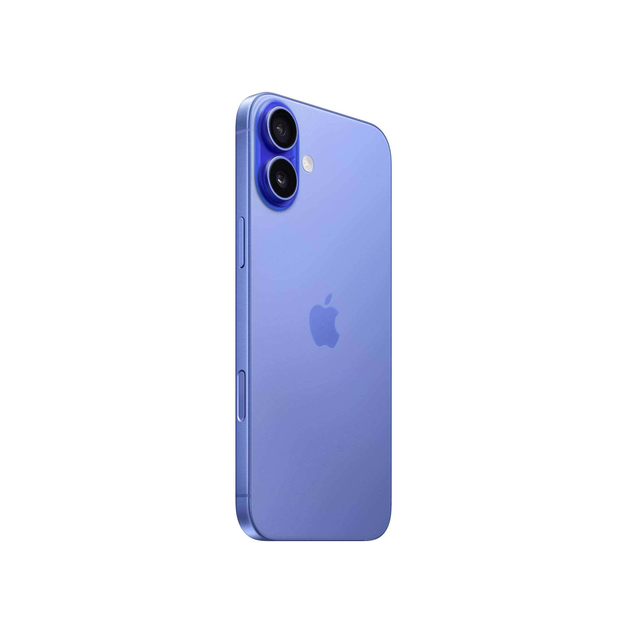 Niebieski smartfon z dwoma aparatami i logo Apple z tyłu.