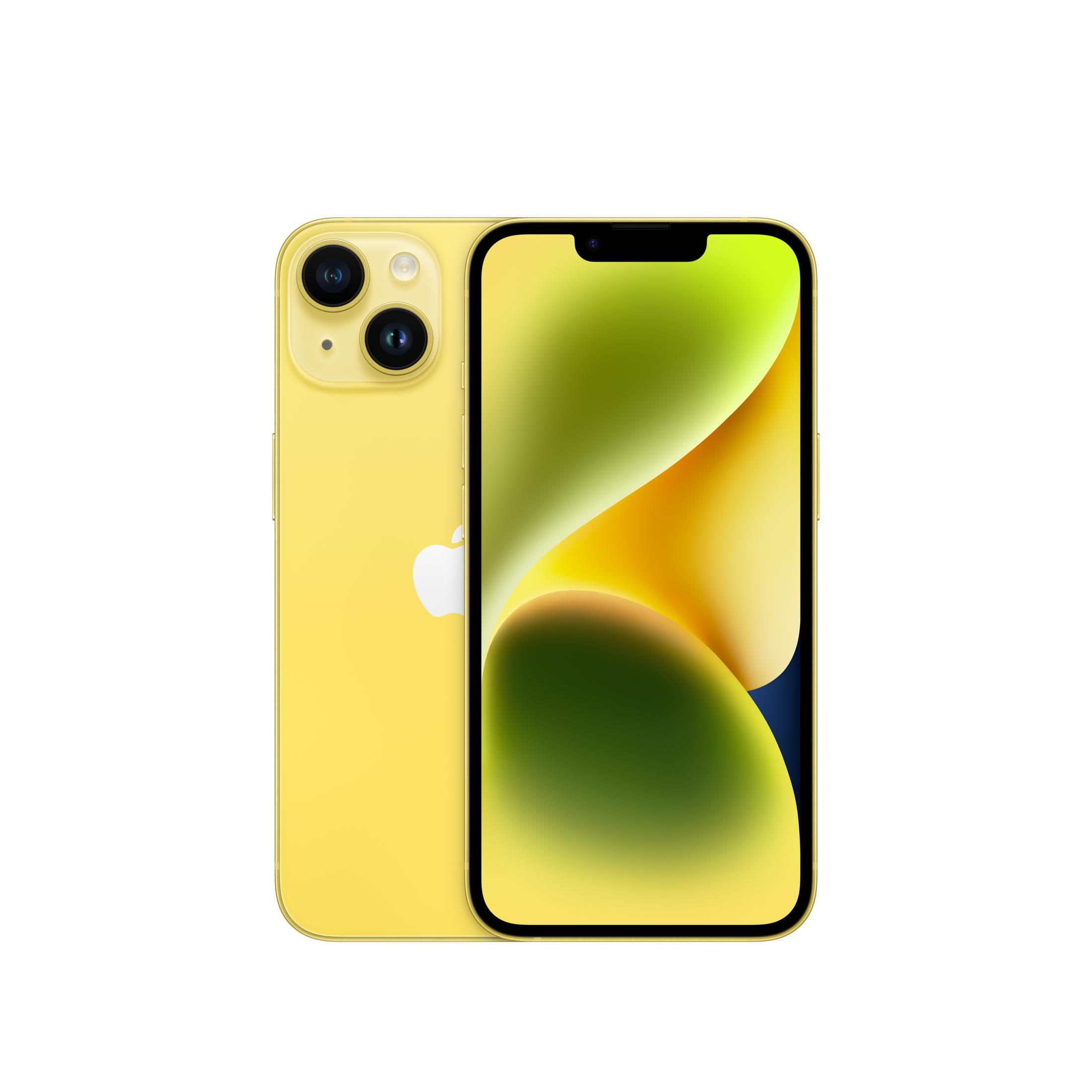Żółty iPhone z podwójnym aparatem z tyłu i jasnozielonym wyświetlaczem.