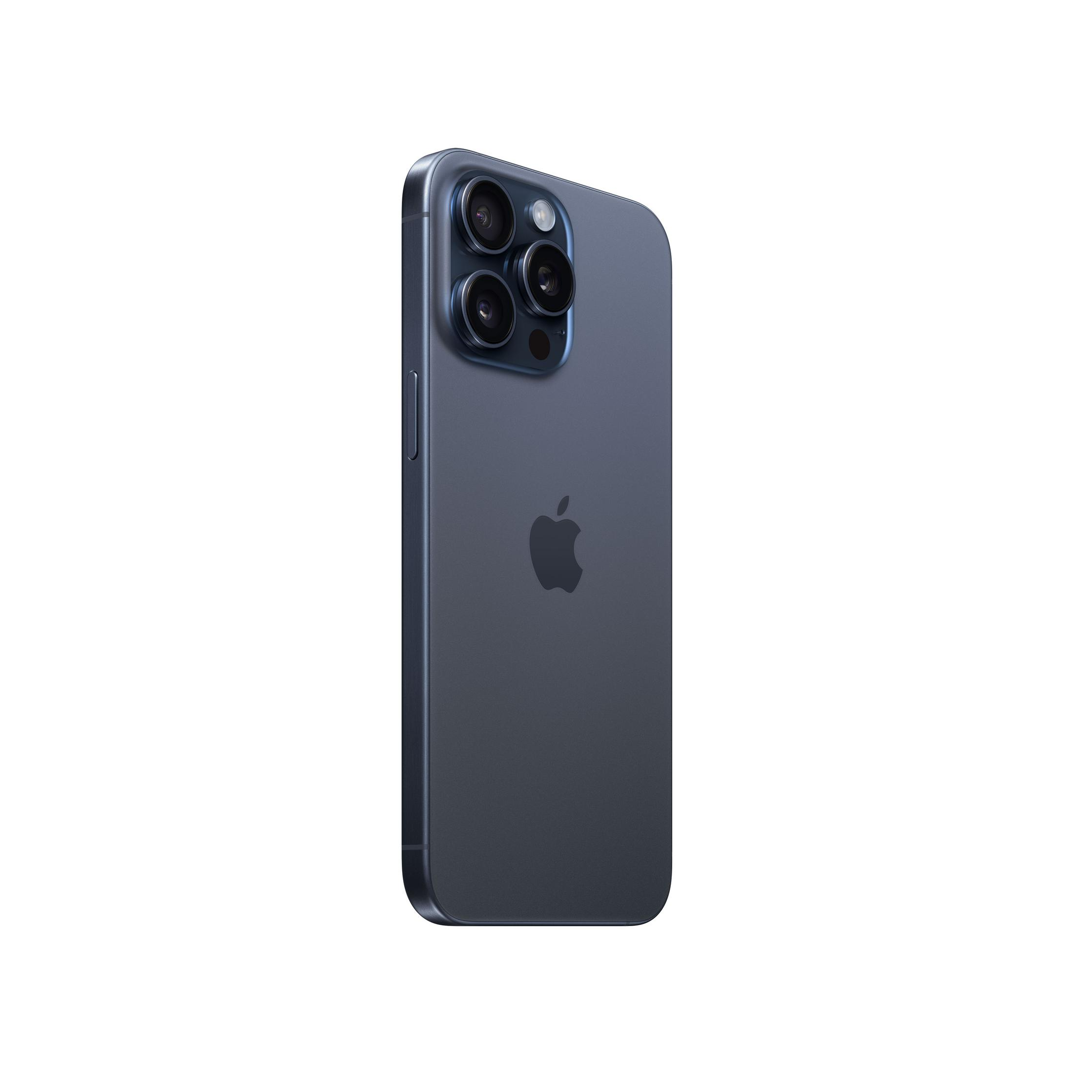 Üçlü arka kameraya ve Apple logosuna sahip koyu mavi iPhone.