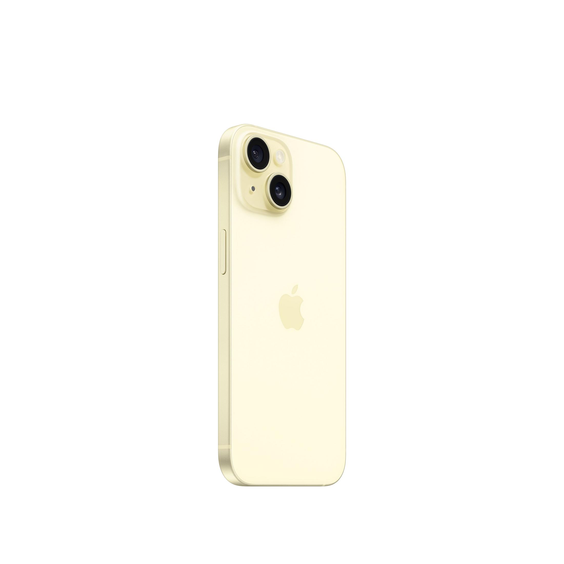Jasnożółty iPhone z dwoma tylnymi aparatami i logo Apple.