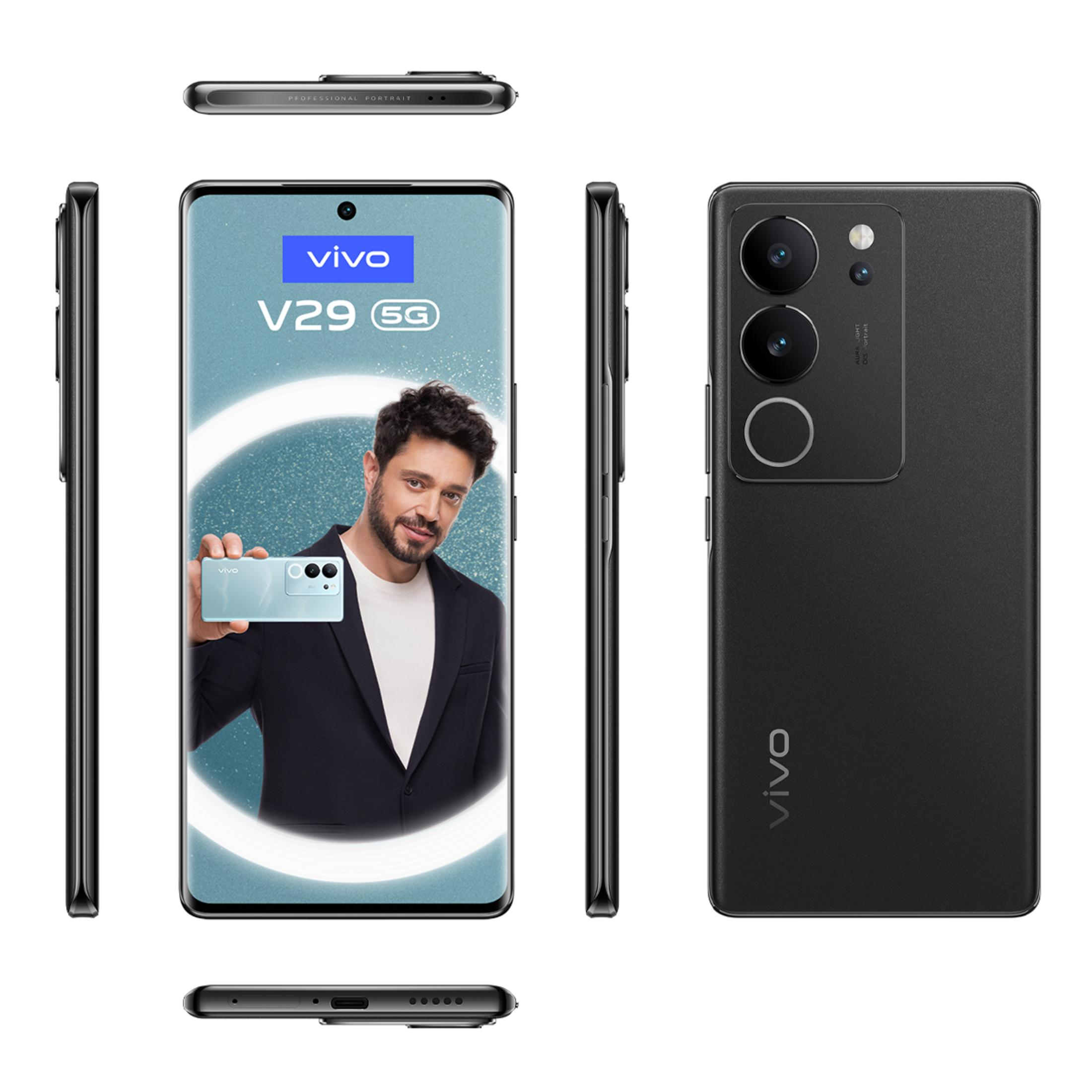 Cztery widoki czarnego smartfona Vivo V29 5G, z mężczyzną trzymającym jasnoniebieski model.