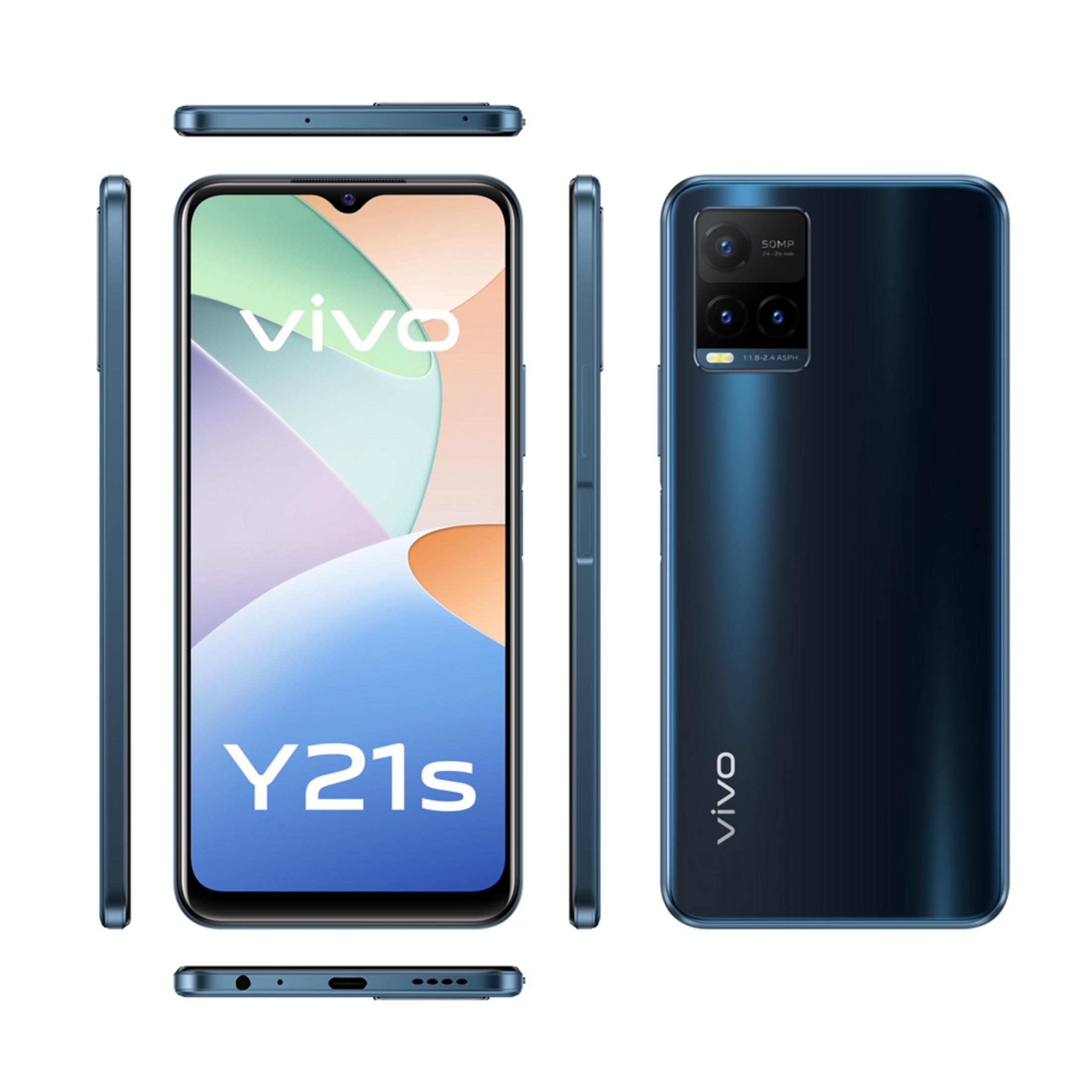 Drei Ansichten eines dunkelblauen Vivo Y21s Smartphones mit Kameras auf der Rückseite.