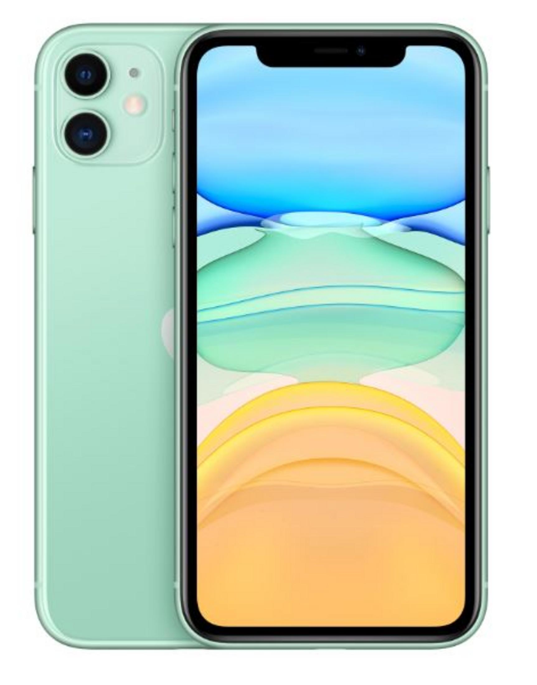 Çift arka kameralı açık yeşil iPhone 11 ve mavi-sarı duvar kağıdı.