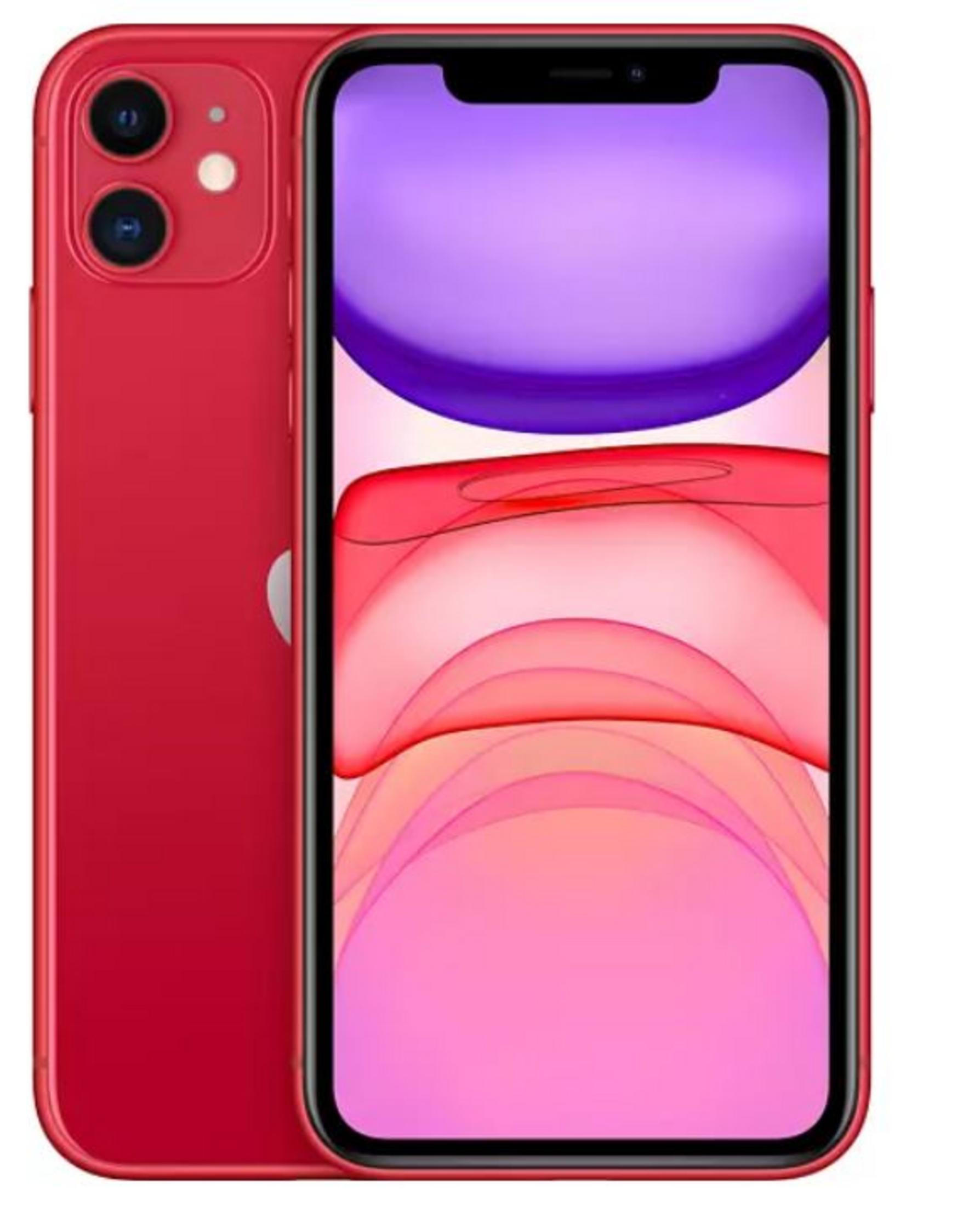 İki kameralı kırmızı iPhone, mor arka planlı.