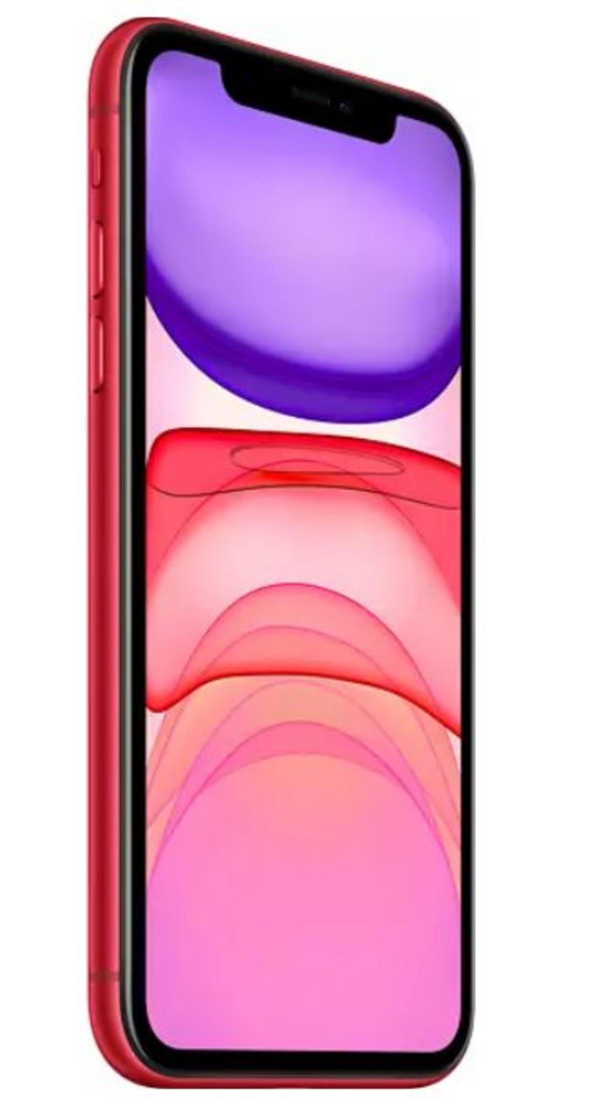 Mor ve pembe duvar kağıdı gösteren kırmızı akıllı telefon.