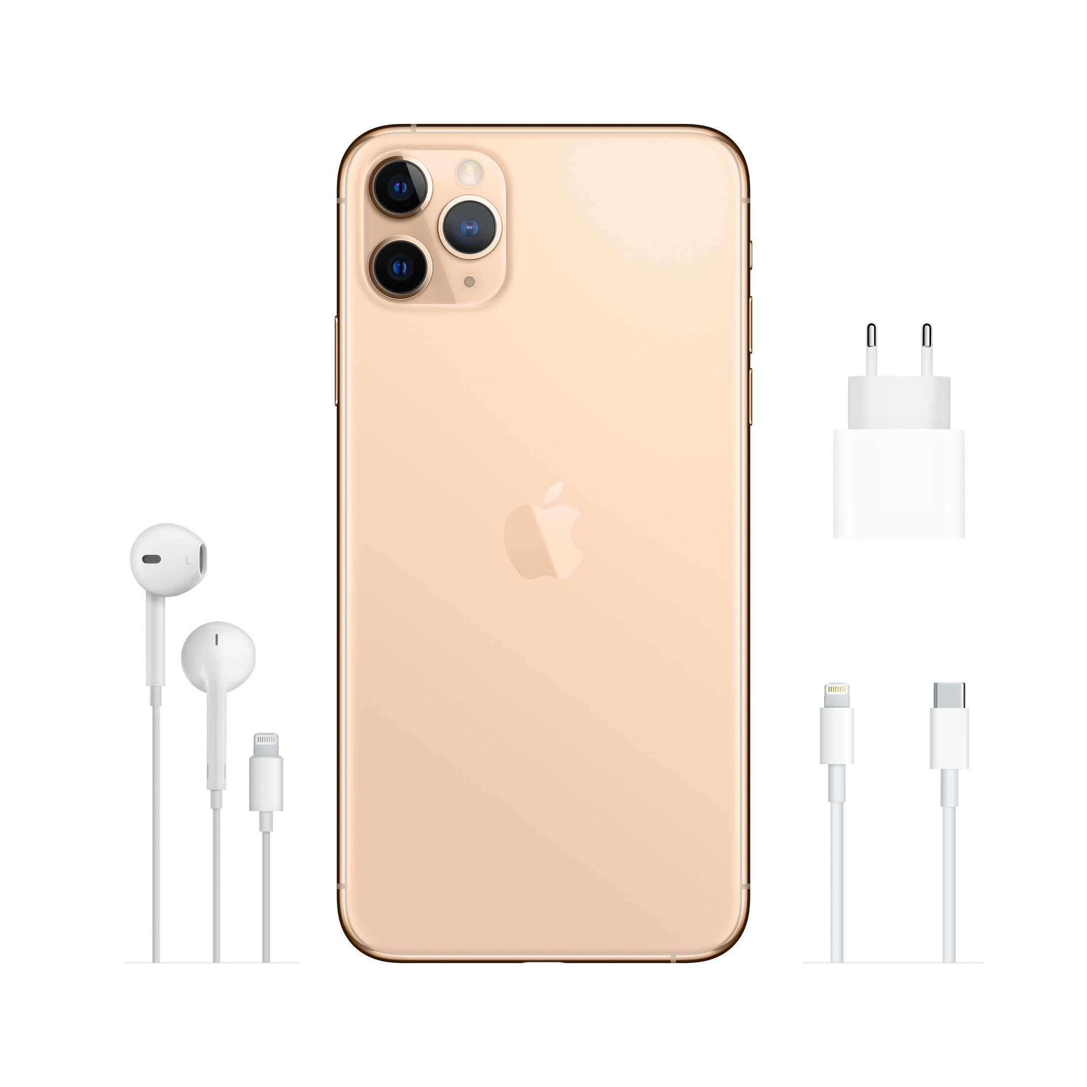 Złoty iPhone z aparatami, słuchawkami, ładowarką i kablami.
