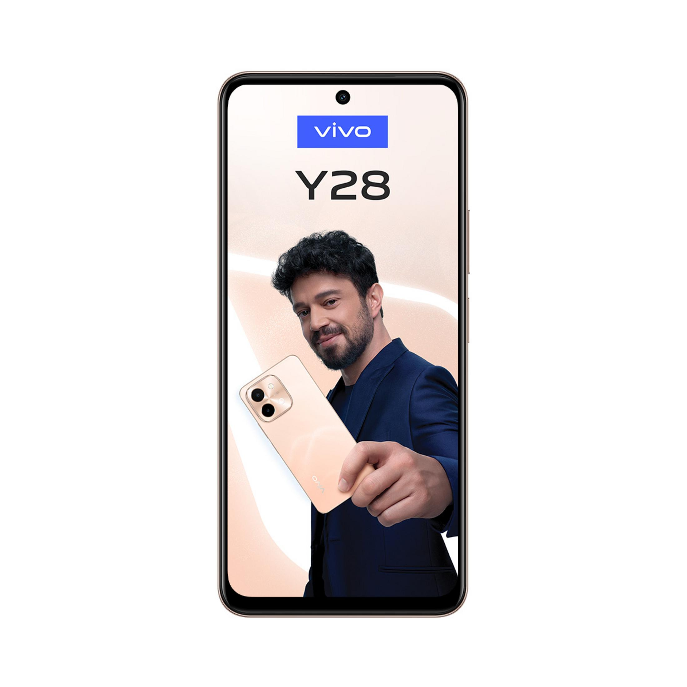 Uomo in abito blu tiene uno smartphone beige chiaro. Sfondo bianco.