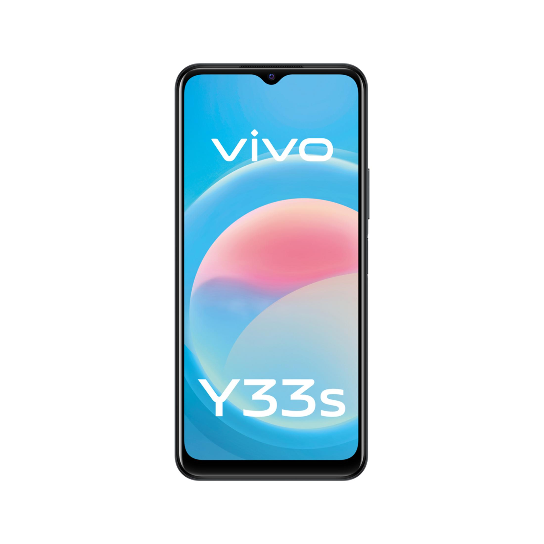 Ein schwarzes Vivo Y33s Smartphone mit einem bunten Hintergrund.